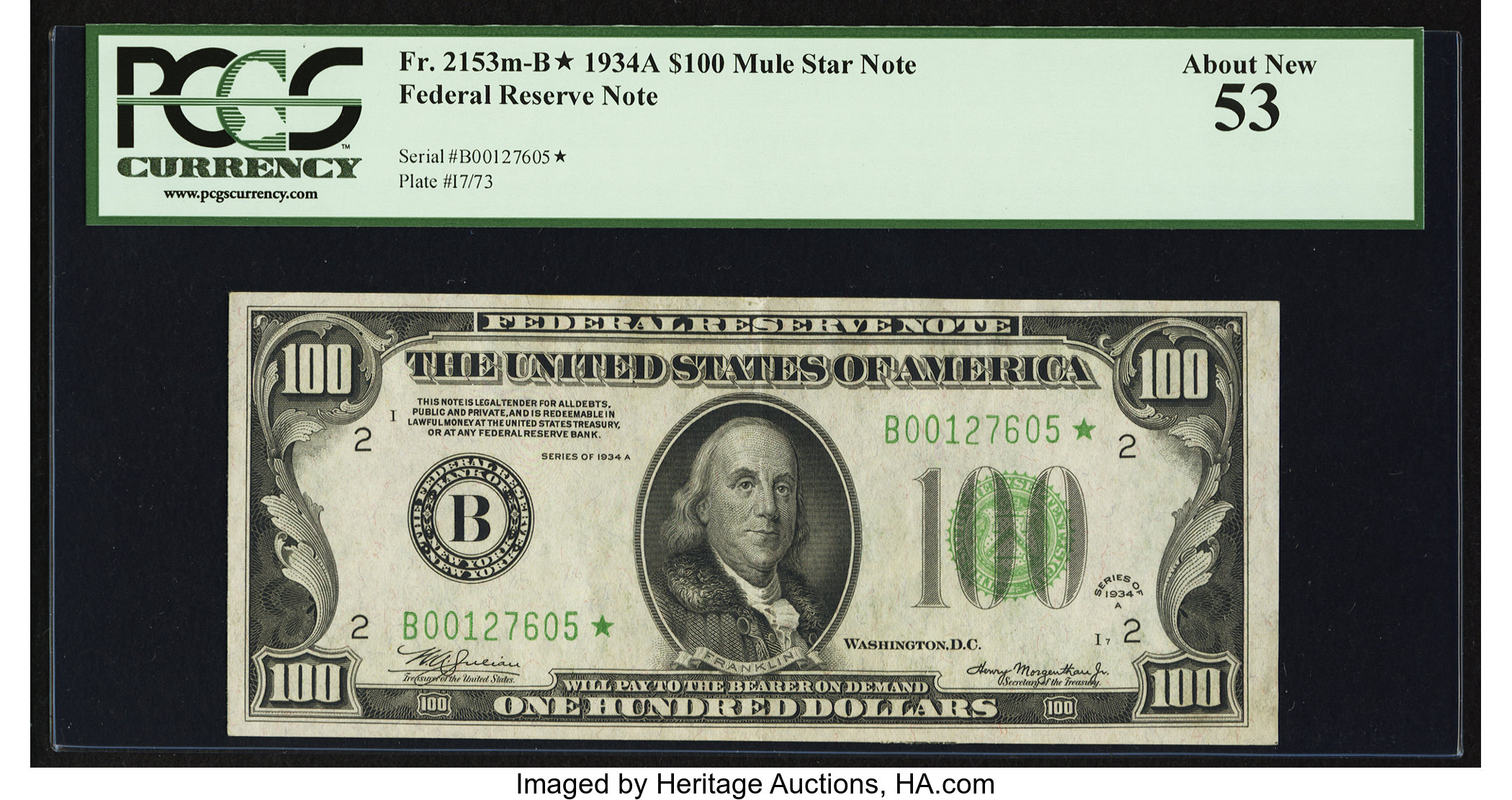 image for: Fr. 2153-B* $100 1934A Mule Federal Reserve Note. PCGS About New 53....