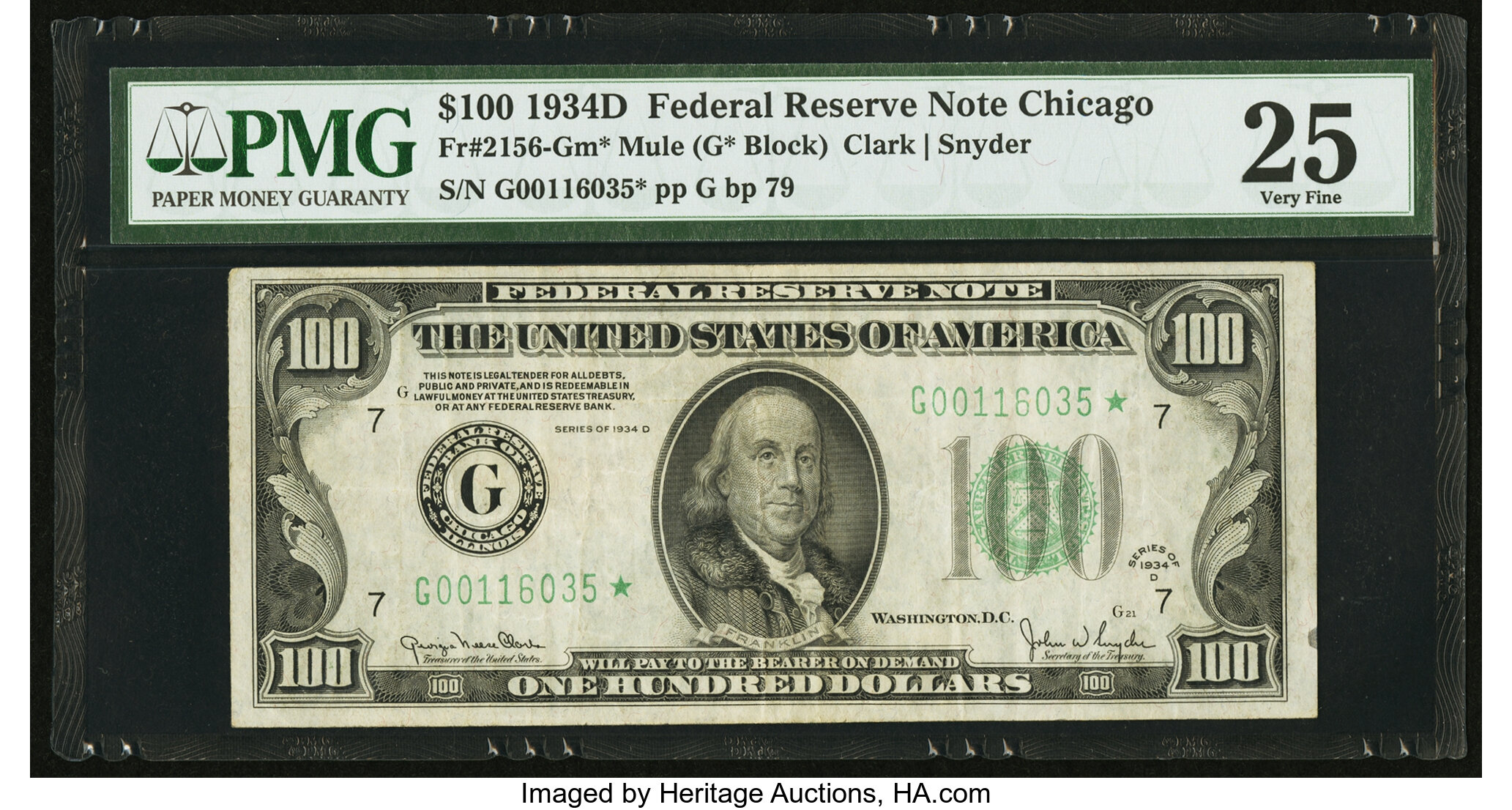 image for: Fr. 2156-G* $100 1934D Mule Federal Reserve Note. PMG Very Fine 25....