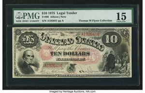 image for: Fr. 98 $10 1875 Legal Tender PMG Choice Fine 15....