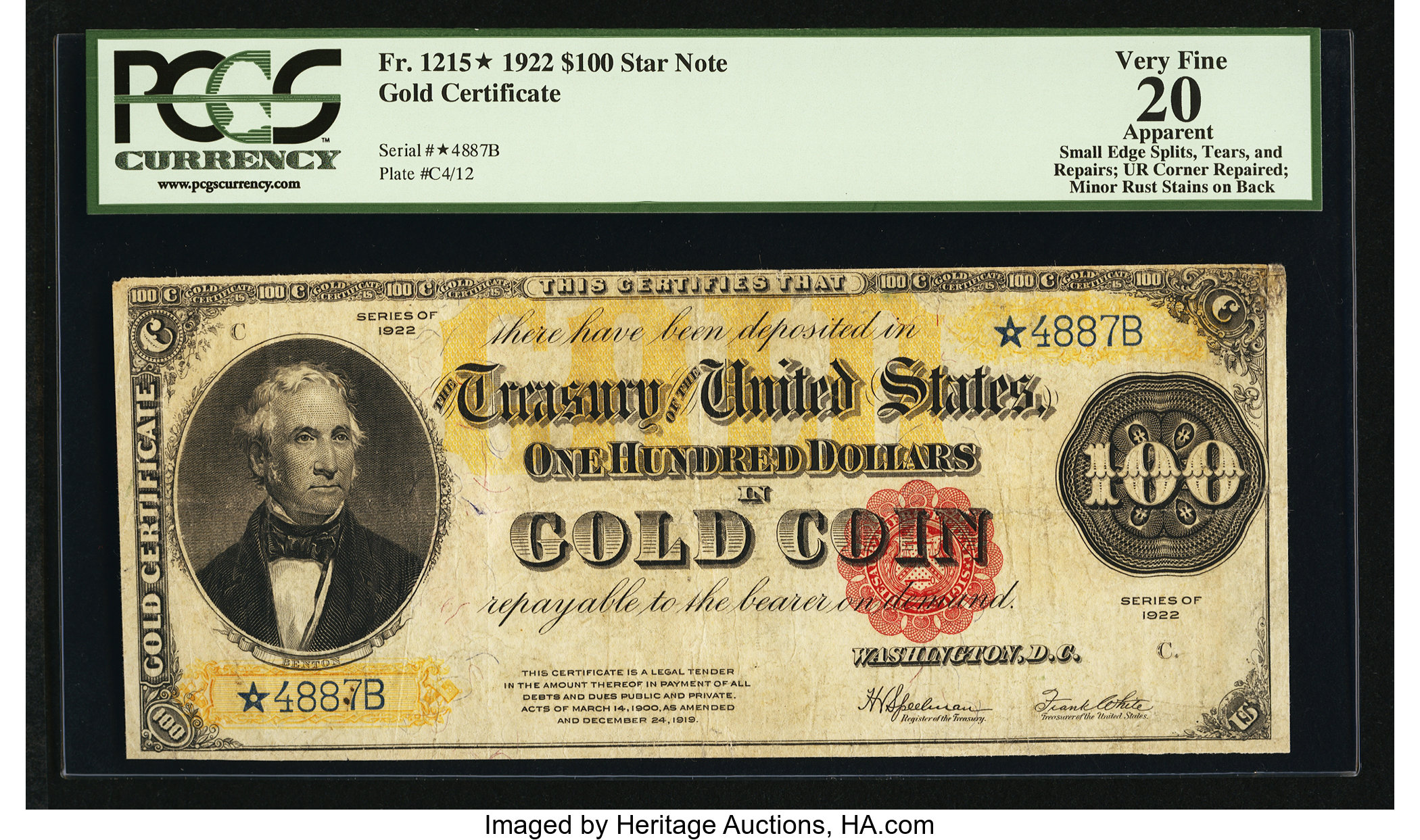 Fr. 1215* $100 1922 Gold Certificate PCGS Apparent Very Fine 20. ...