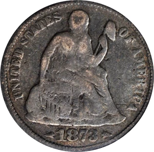 image for: 1873 Liberty Seated Dime. Arrows. Fortin-103, FS-101. Rarity-6. Doubled Die Obverse, Misplaced Date. VG-8 (PCGS).