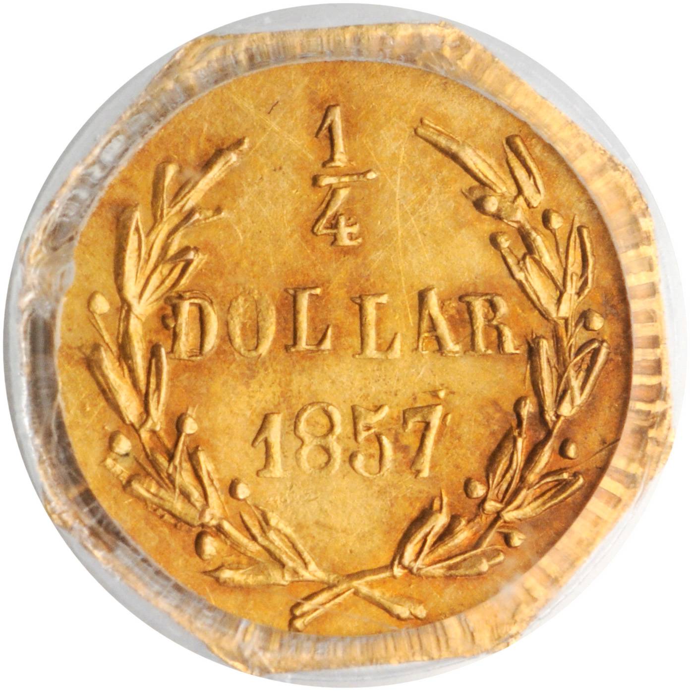 image for: "1857" Octagonal 25 Cents. BG-1301. Rarity-3. Liberty Head. MS-63 (PCGS).