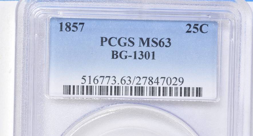 image for: "1857" Octagonal 25 Cents. BG-1301. Rarity-3. Liberty Head. MS-63 (PCGS).