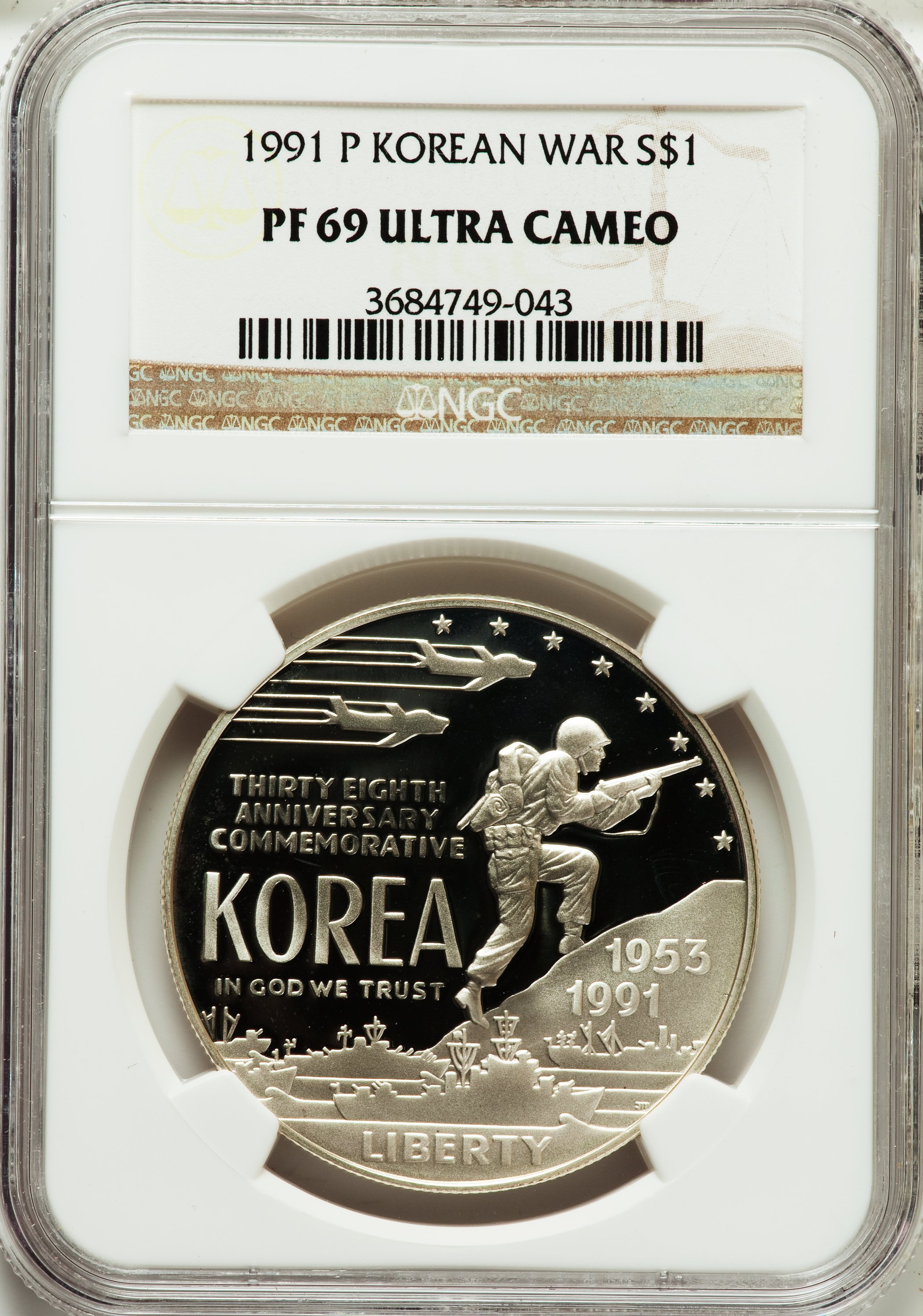 1991-P $1 Korean War Silver Dollar PR69 Ultra Cameo NGC. NGC Census: (2609/35). PCGS Population (2628/53). Mintage: 618,488...
