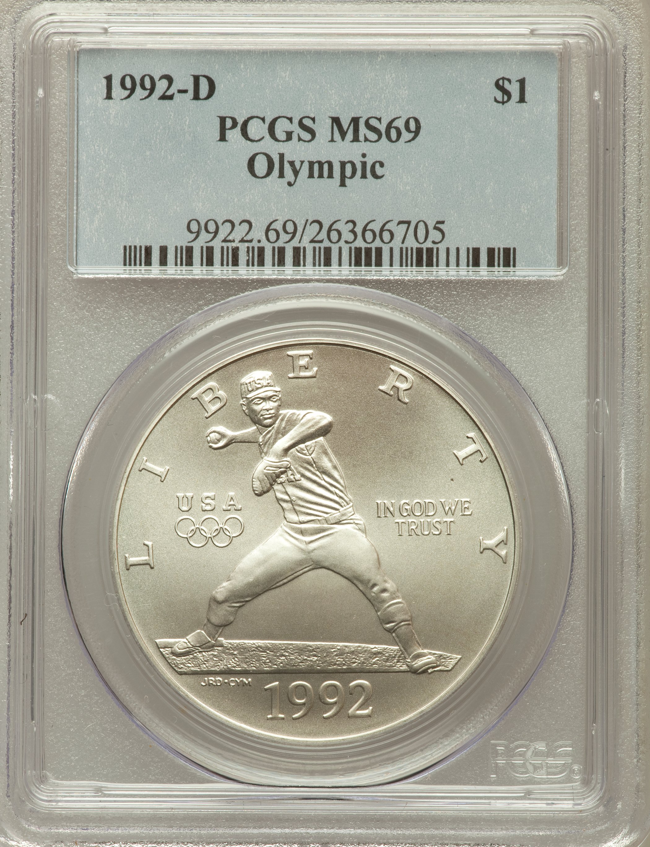 1992-D $1 Olympic Silver Dollar MS69 PCGS. PCGS Population (2443/113). NGC Census: (3127/157). Mintage: 187,552. Numismedia...