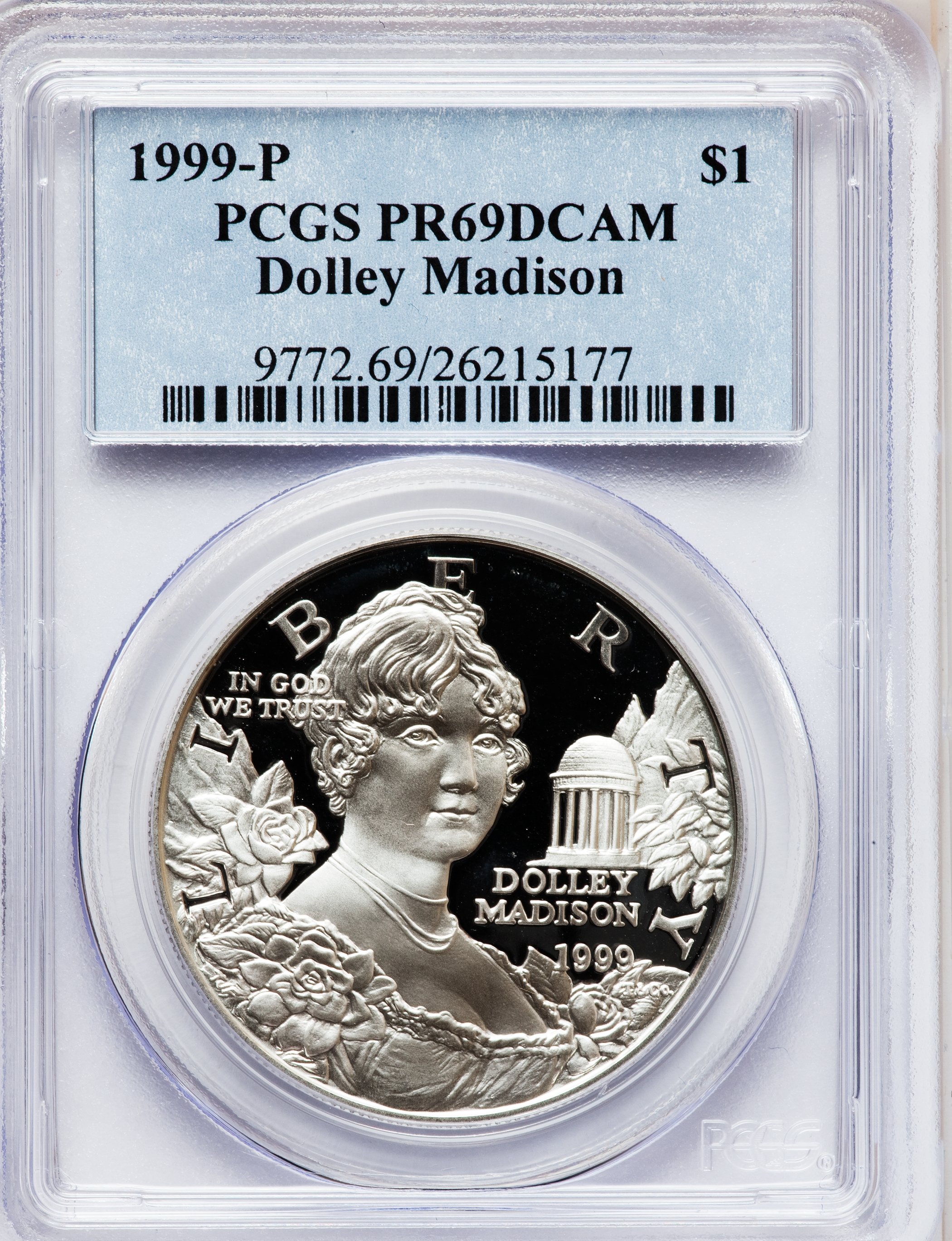 1999-P $1 Dolley Madison Silver Dollar PR69 Deep Cameo PCGS. PCGS Population (2578/275). NGC Census: (1994/422). Numismedi...