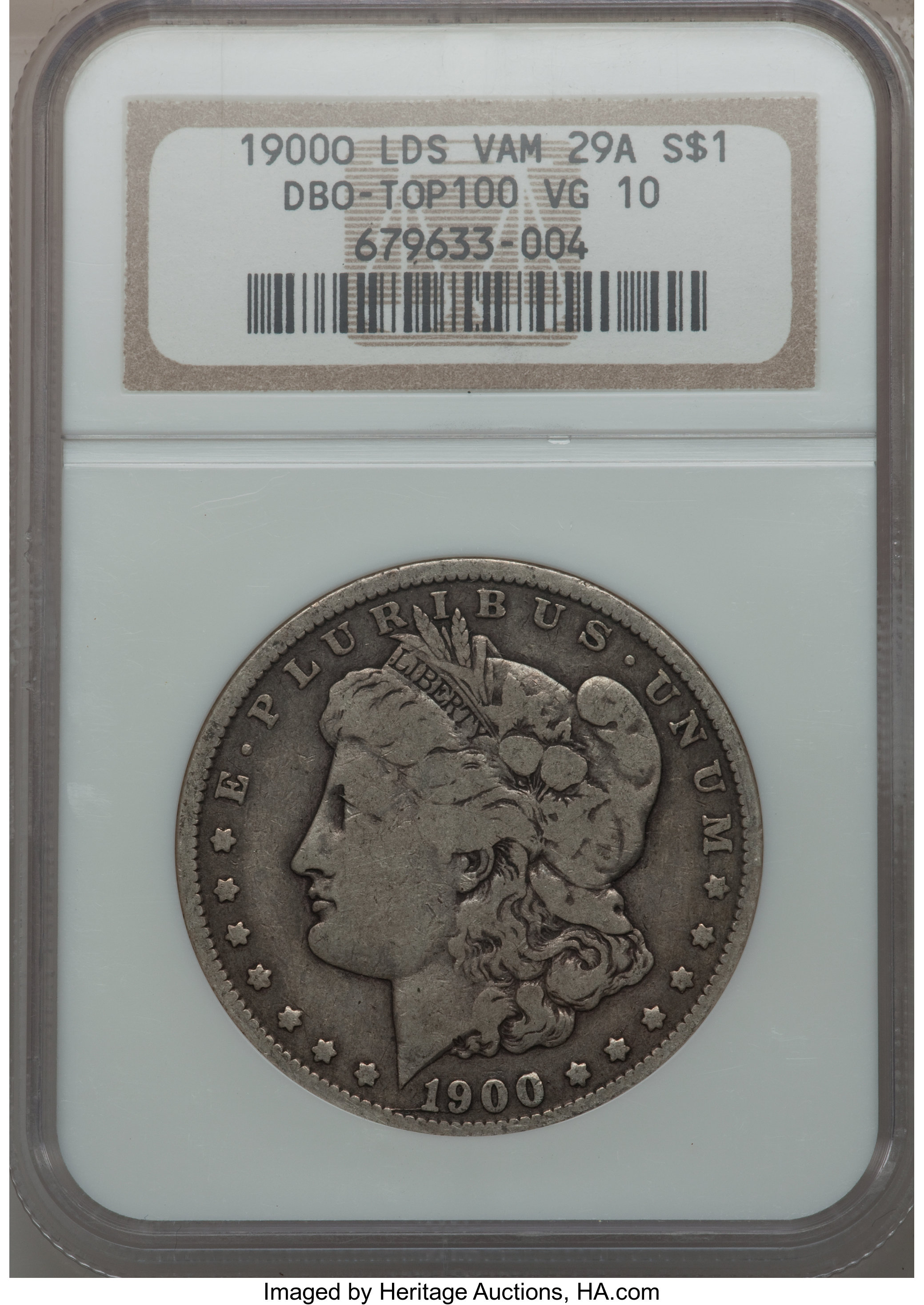 1900-O $1 VG10 NGC. DBO, LDS Vam-29A, Top-100. NGC Census: (9/38076). PCGS Population (18/36349). Mintage: 12,590,000. Numi...