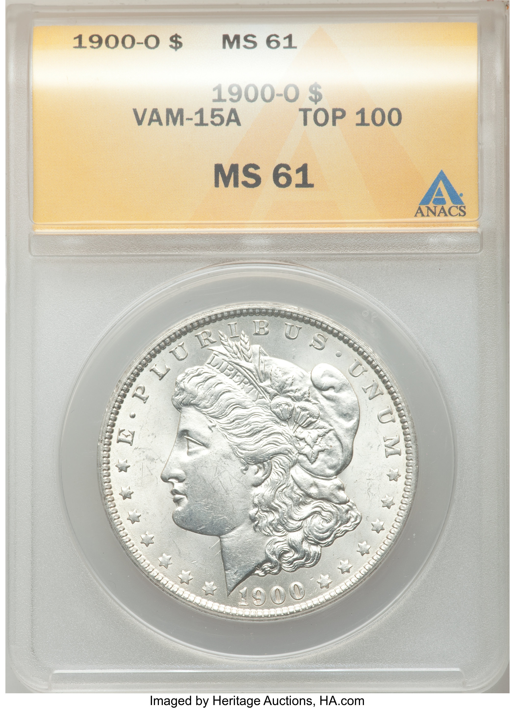 1900-O $1 MS61 ANACS. Vam-15A, Top-100. NGC Census: (154/37705). PCGS Population (206/35857). Mintage: 12,590,000. Numismed...