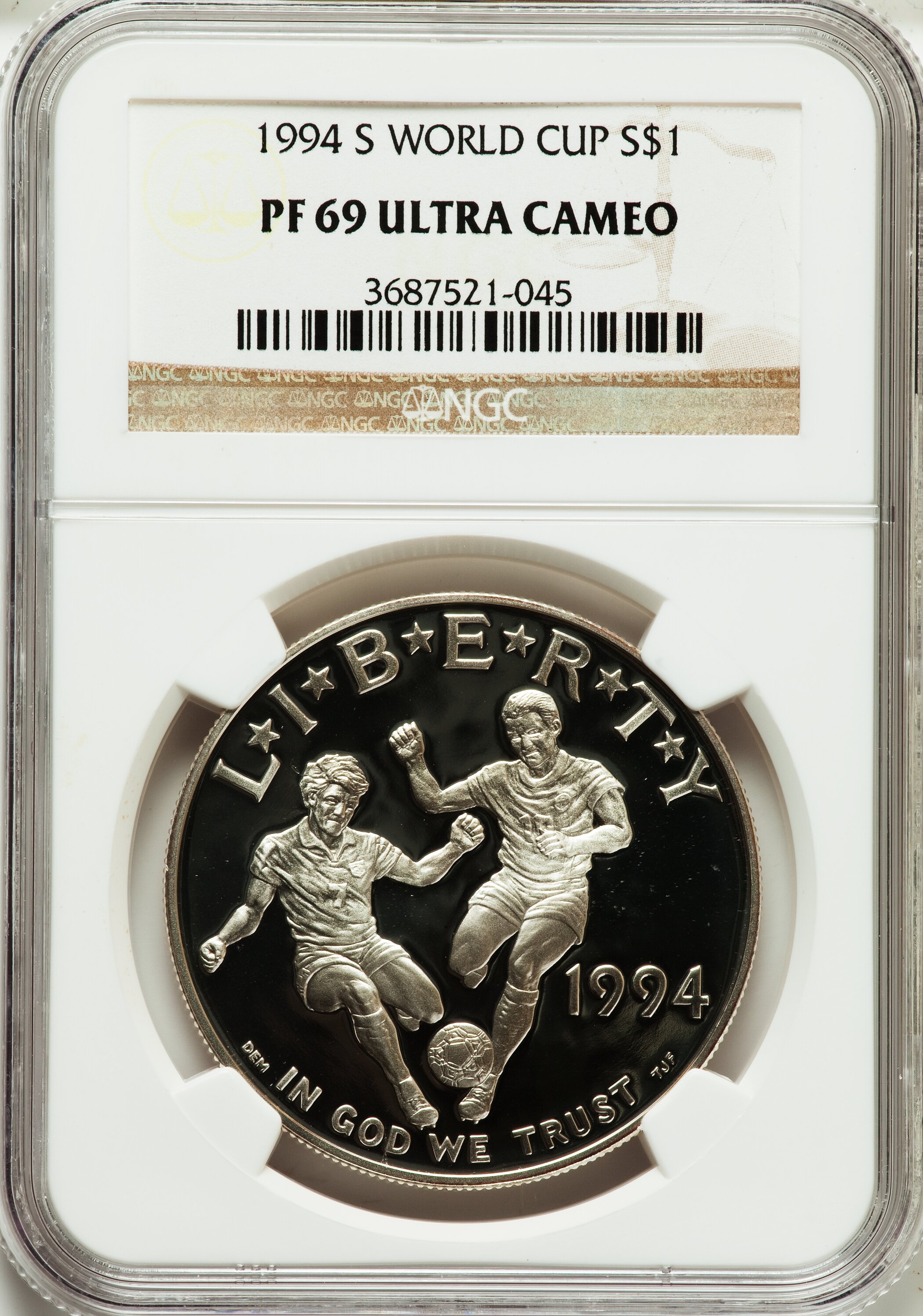 1994-S $1 World Cup Silver Dollar PR69 Ultra Cameo NGC. NGC Census: (2205/113). PCGS Population (2495/102). Mintage: 576,97...