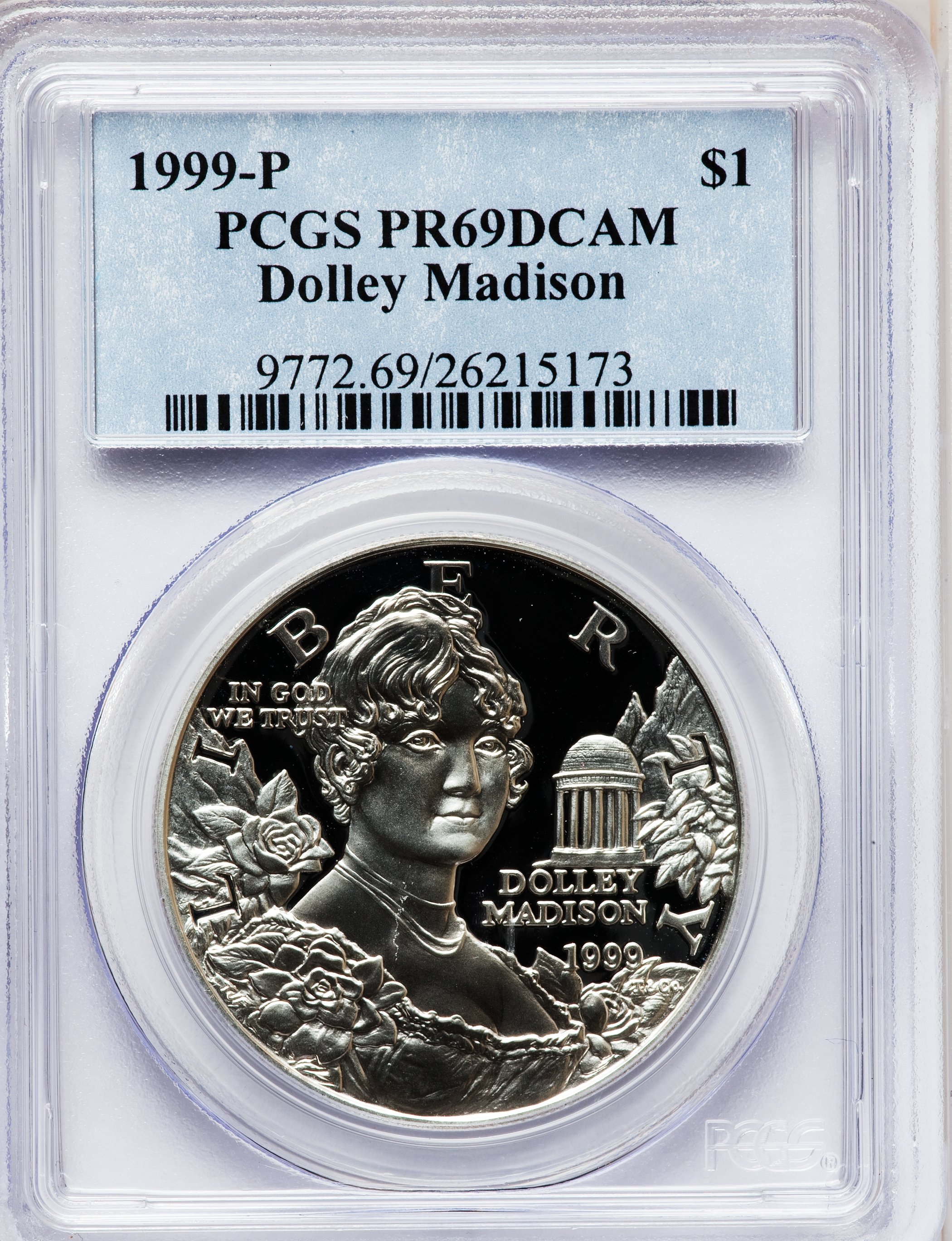 1999-P $1 Dolley Madison Silver Dollar PR69 Deep Cameo PCGS. PCGS Population (2578/275). NGC Census: (1994/422). Numismedi...