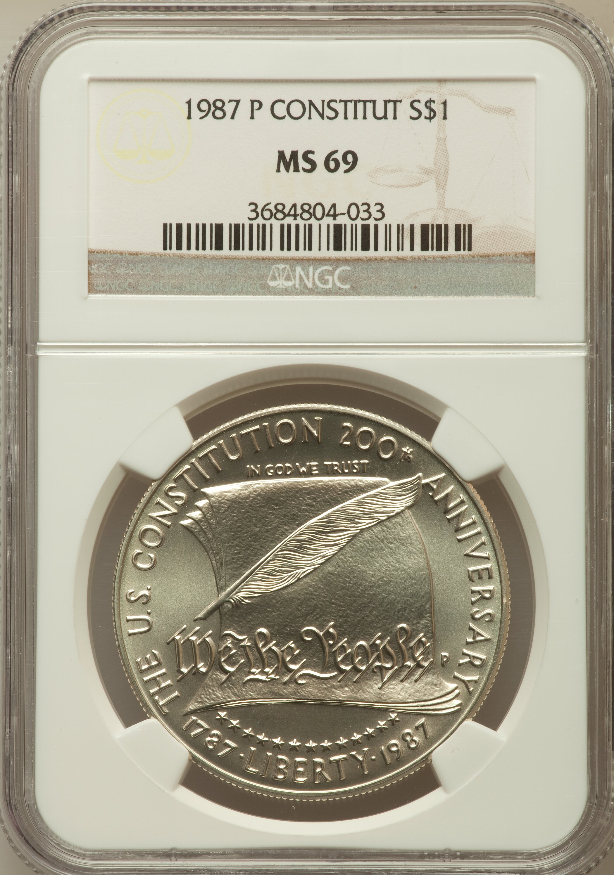 1987-P $1 Constitution Silver Dollar MS69 NGC. NGC Census: (2823/479). PCGS Population (3494/332). Mintage: 451,629. Numism...