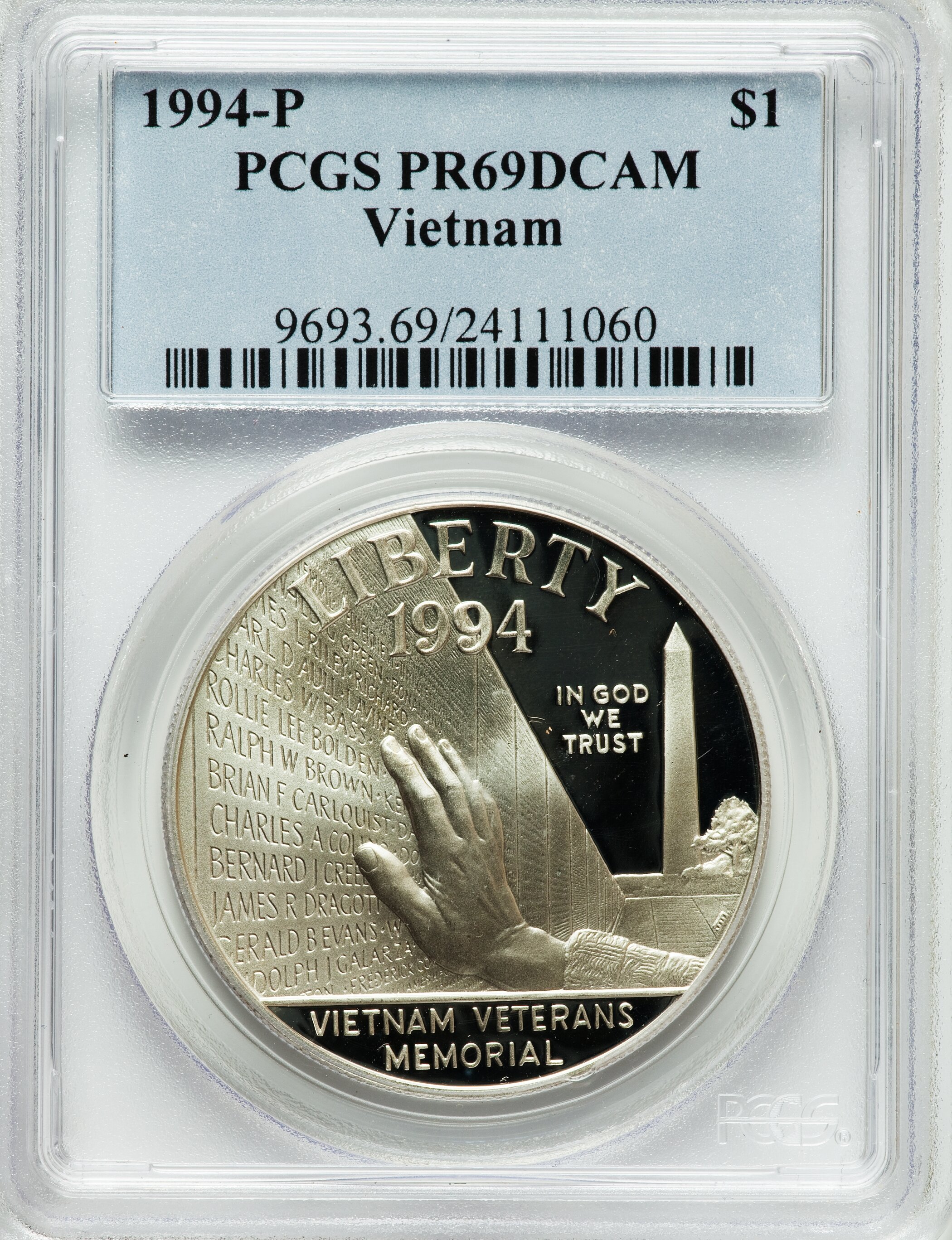 1994-P $1 Vietnam Veterans Memorial Silver Dollar PR69 Deep Cameo PCGS. PCGS Population (2227/38). NGC Census: (2602/12). M...