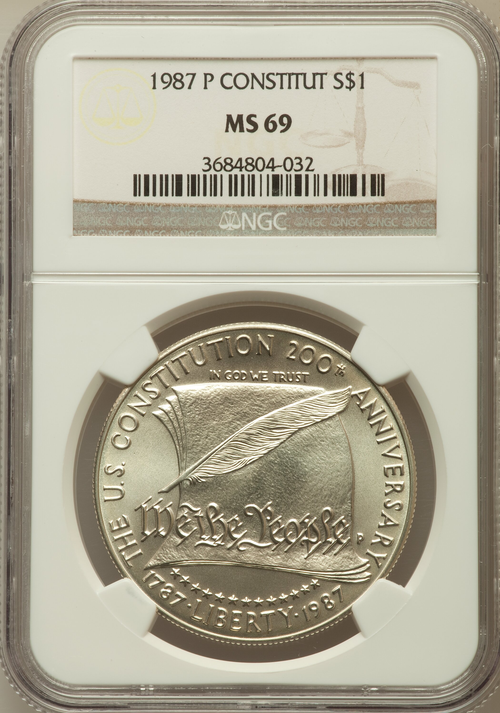 1987-P $1 Constitution Silver Dollar MS69 NGC. NGC Census: (2823/479). PCGS Population (3494/332). Mintage: 451,629. Numism...