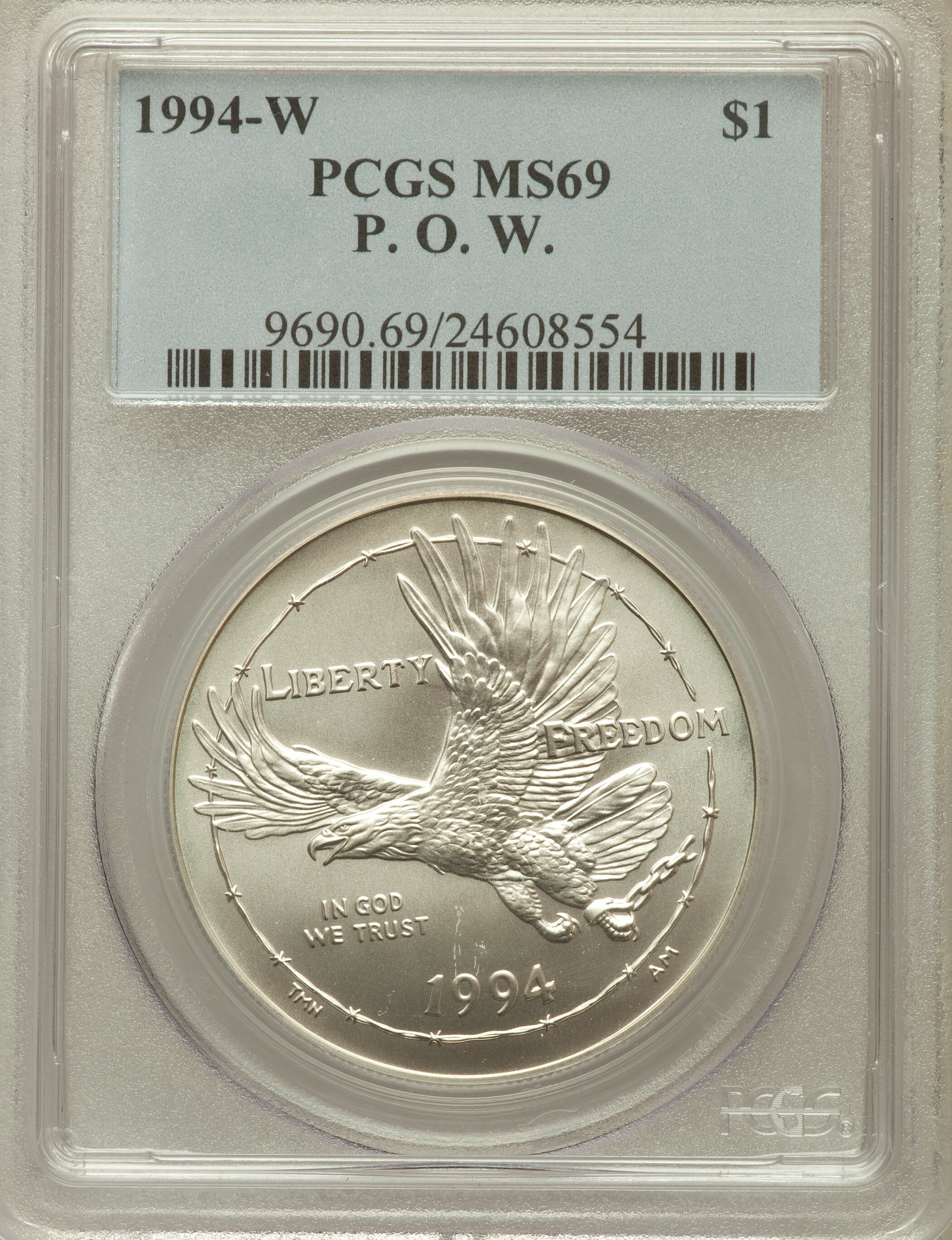 1994-W $1 P.O.W. Silver Dollar MS69 PCGS. PCGS Population (1685/402). NGC Census: (1126/627). Mintage: 54,790. Numismedia W...
