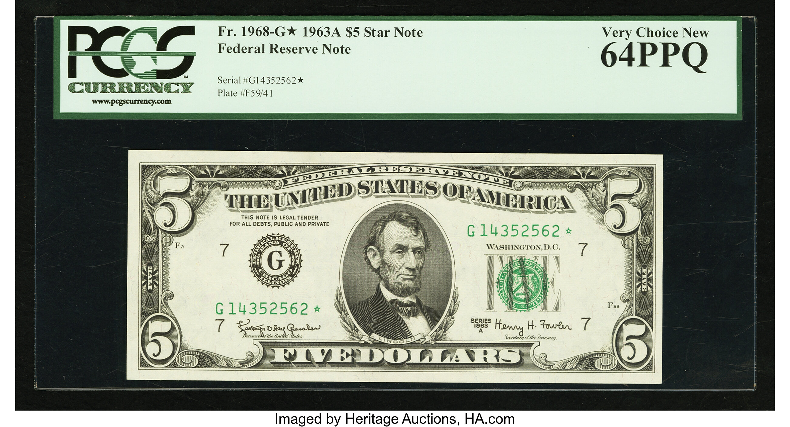 image for: Fr. 1968-G* $5 1963A Federal Reserve Star Note. PCGS Very Choice New 64PPQ....