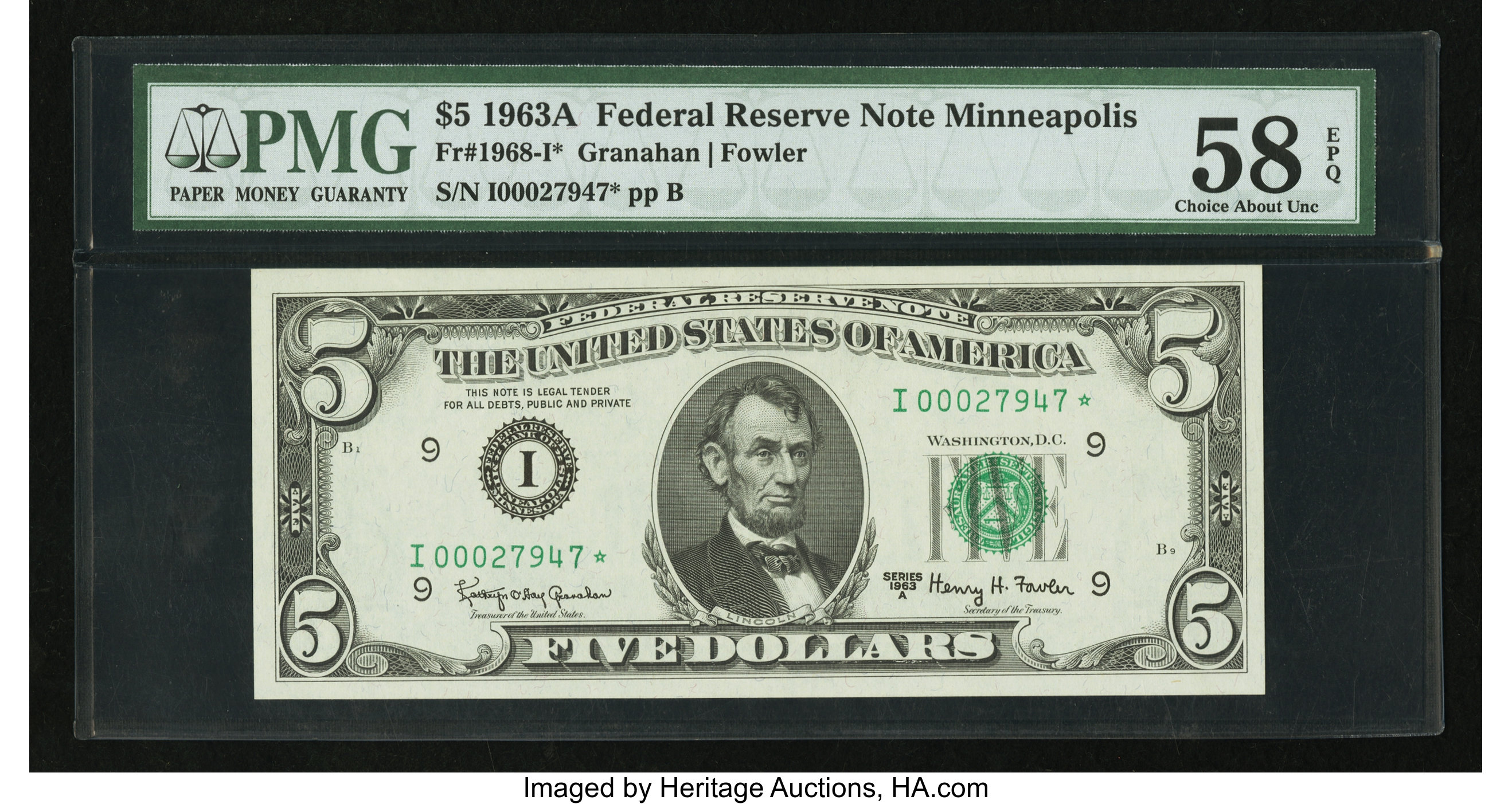 image for: Fr. 1968-I* $5 1963A Federal Reserve Star Note. PMG Choice About Unc 58 EPQ....