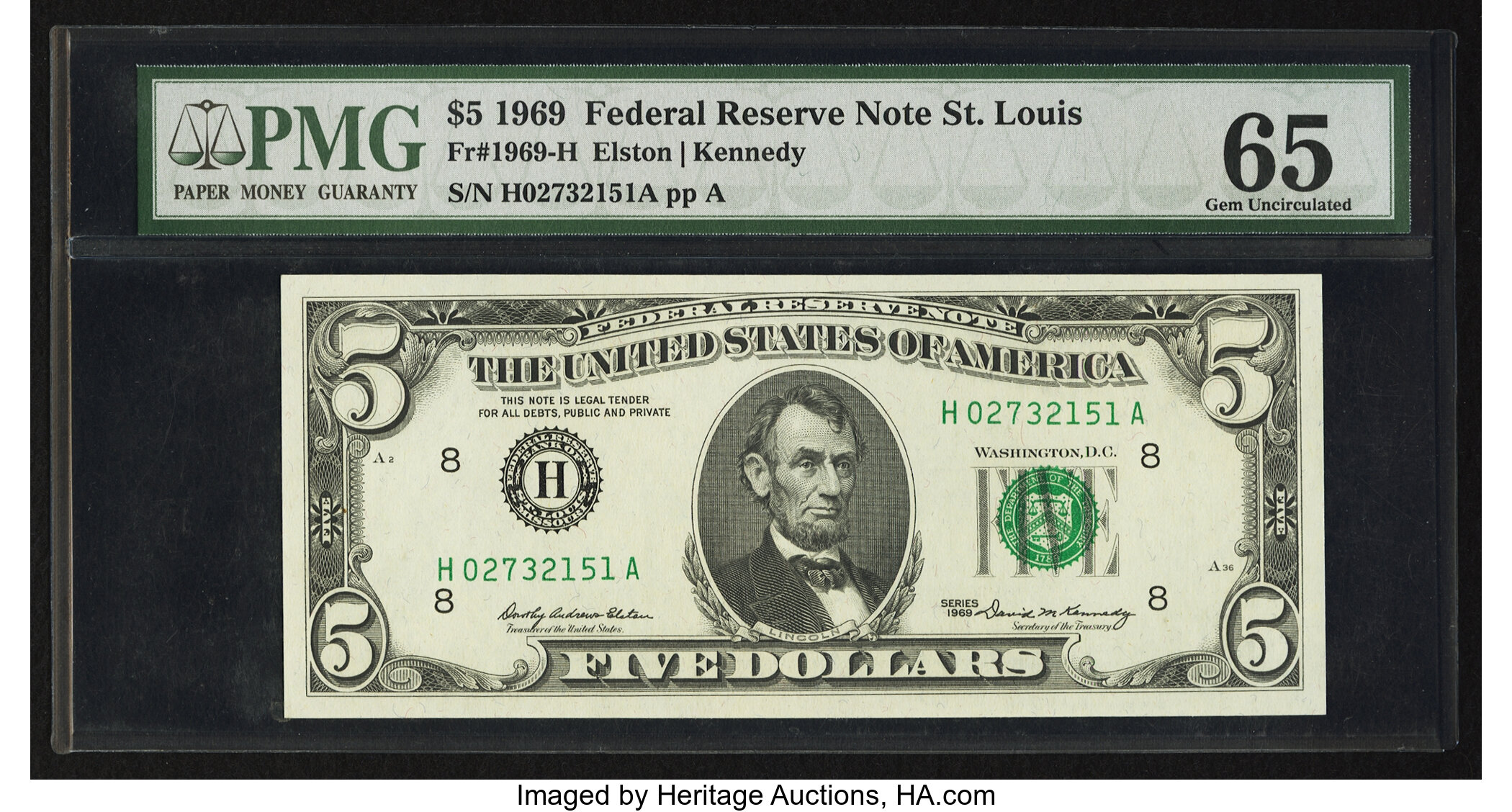 image for: Fr. 1969-H $5 1969 Federal Reserve Note. PMG Gem Uncirculated 65....