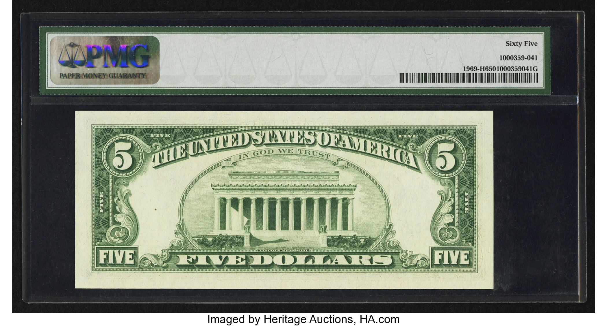 image for: Fr. 1969-H $5 1969 Federal Reserve Note. PMG Gem Uncirculated 65....