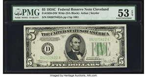 image for: Fr. 1959-D $5 1934C Wide Face Federal Reserve Note. PMG About Uncirculated 53 EPQ....