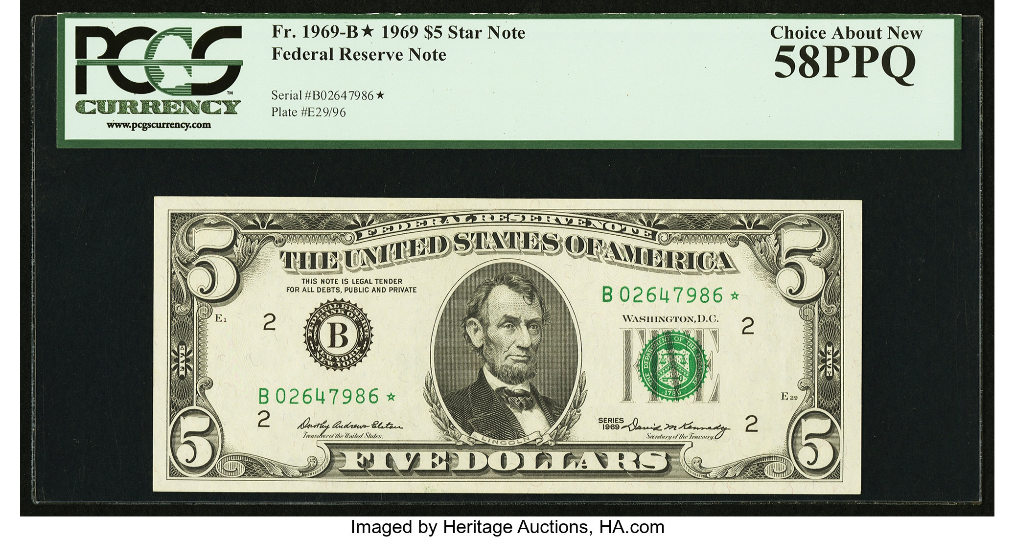 image for: Fr. 1969-B* $5 1969 Federal Reserve Note. PCGS Choice About New 58PPQ....
