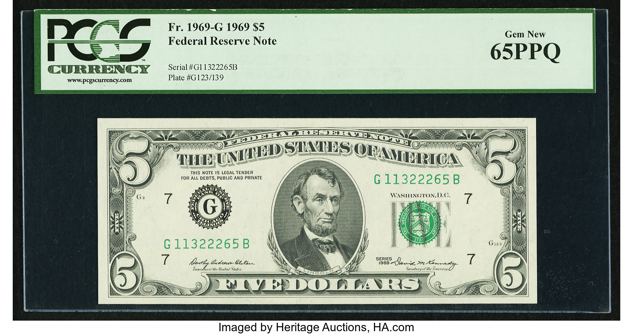 image for: Fr. 1969-G $5 1969 Federal Reserve Note. PCGS Gem New 65PPQ....