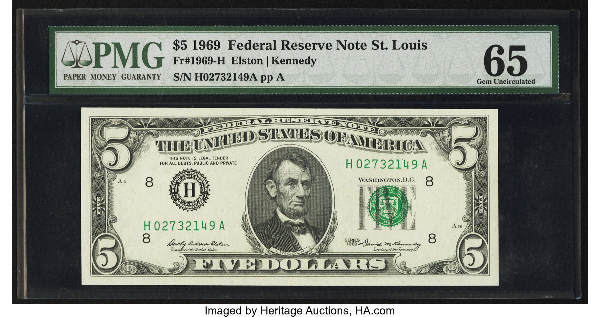 image for: Fr. 1969-H $5 1969 Federal Reserve Note. PMG Gem Uncirculated 65....
