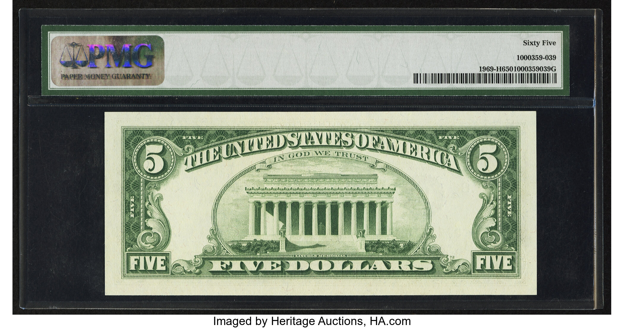 image for: Fr. 1969-H $5 1969 Federal Reserve Note. PMG Gem Uncirculated 65....