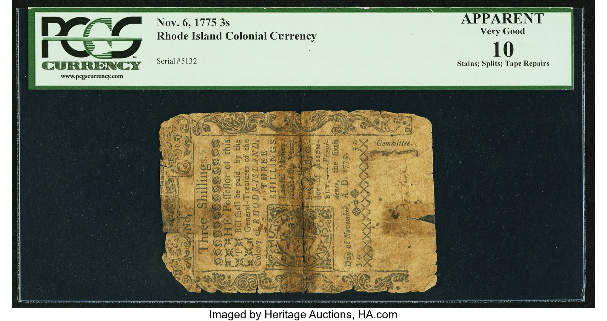 image for: Rhode Island November 6, 1775 3s PCGS Apparent Very Good 10....