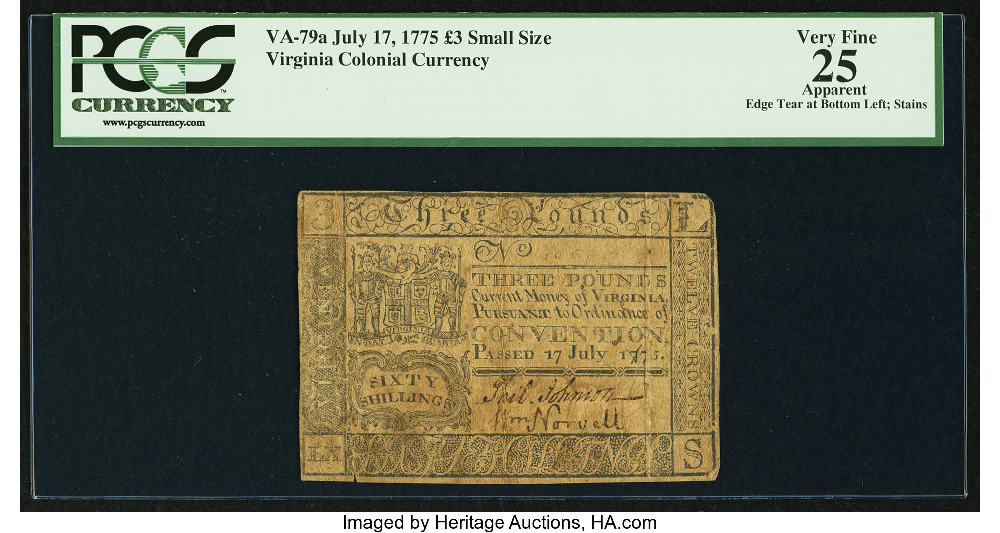 image for: Virginia July 17, 1775 £3 PCGS Apparent Very Fine 25....