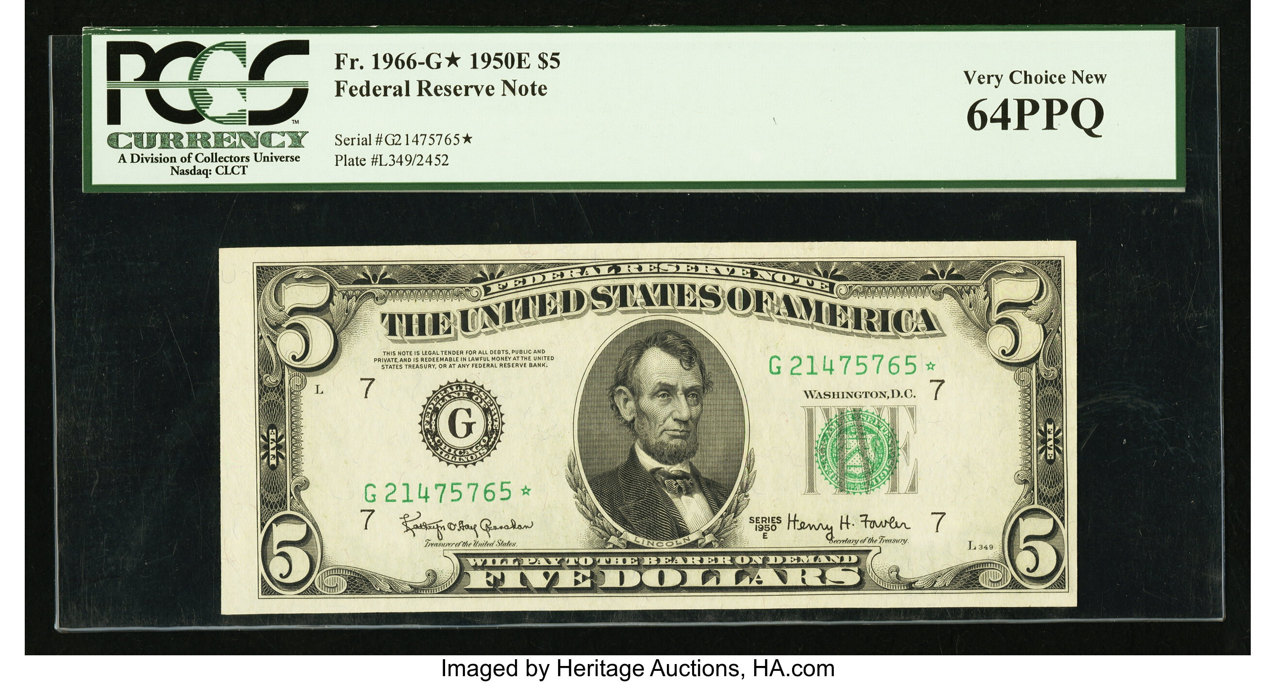 image for: Fr. 1966-G* $5 1950E Federal Reserve Note. PCGS Very Choice New 64PPQ....