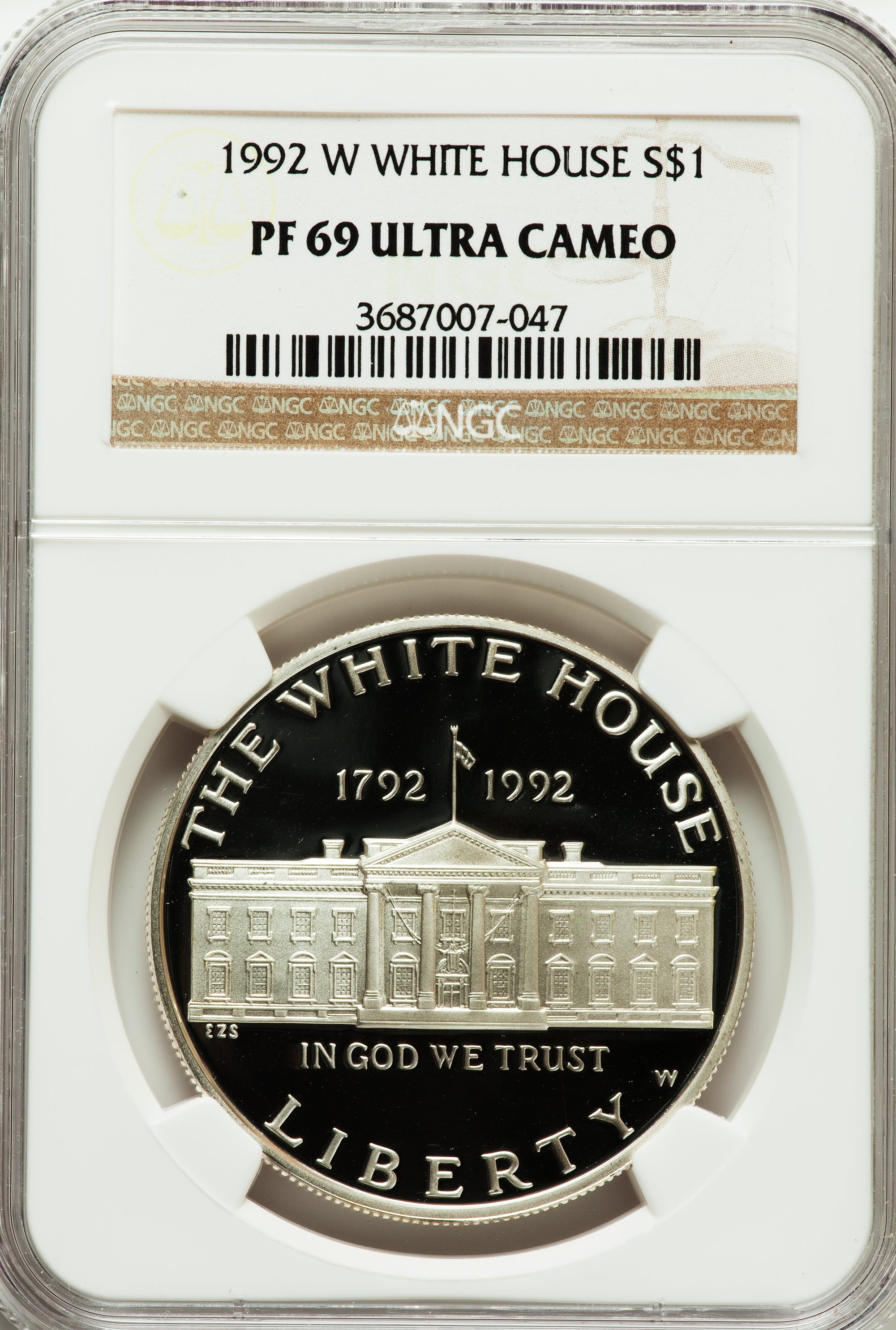 1992-W $1 White House Silver Dollar PR69 Ultra Cameo NGC. NGC Census: (2617/57). PCGS Population (2365/96). Mintage: 375,84...