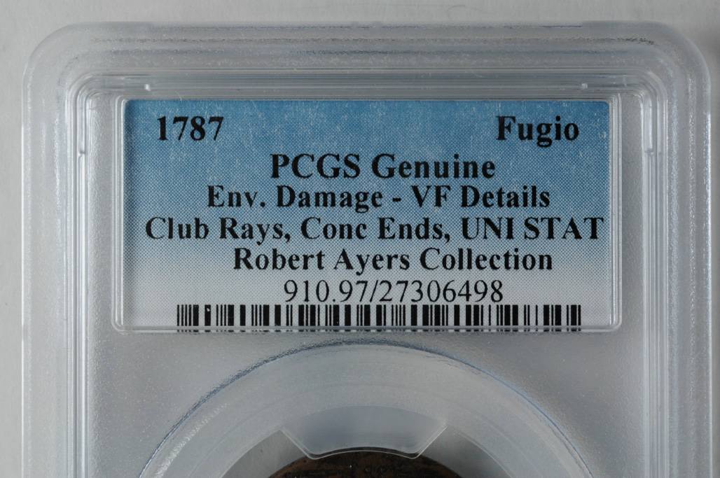 image for: 1787 Fugio Copper. Club Rays. Newman 5-F, W-6640. Rarity-7. Concave Ends, UNITED STATES. VF Details--Environmental Damage (PCGS).