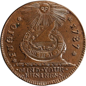 image for: 1787 Fugio Copper. Pointed Rays. Newman 11-A, W-6780. Rarity-6. UNITED Above, STATES Below. MS-63 BN (PCGS).