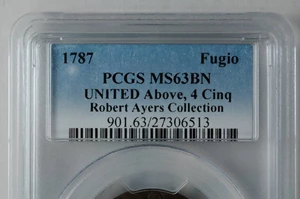 image for: 1787 Fugio Copper. Pointed Rays. Newman 11-A, W-6780. Rarity-6. UNITED Above, STATES Below. MS-63 BN (PCGS).