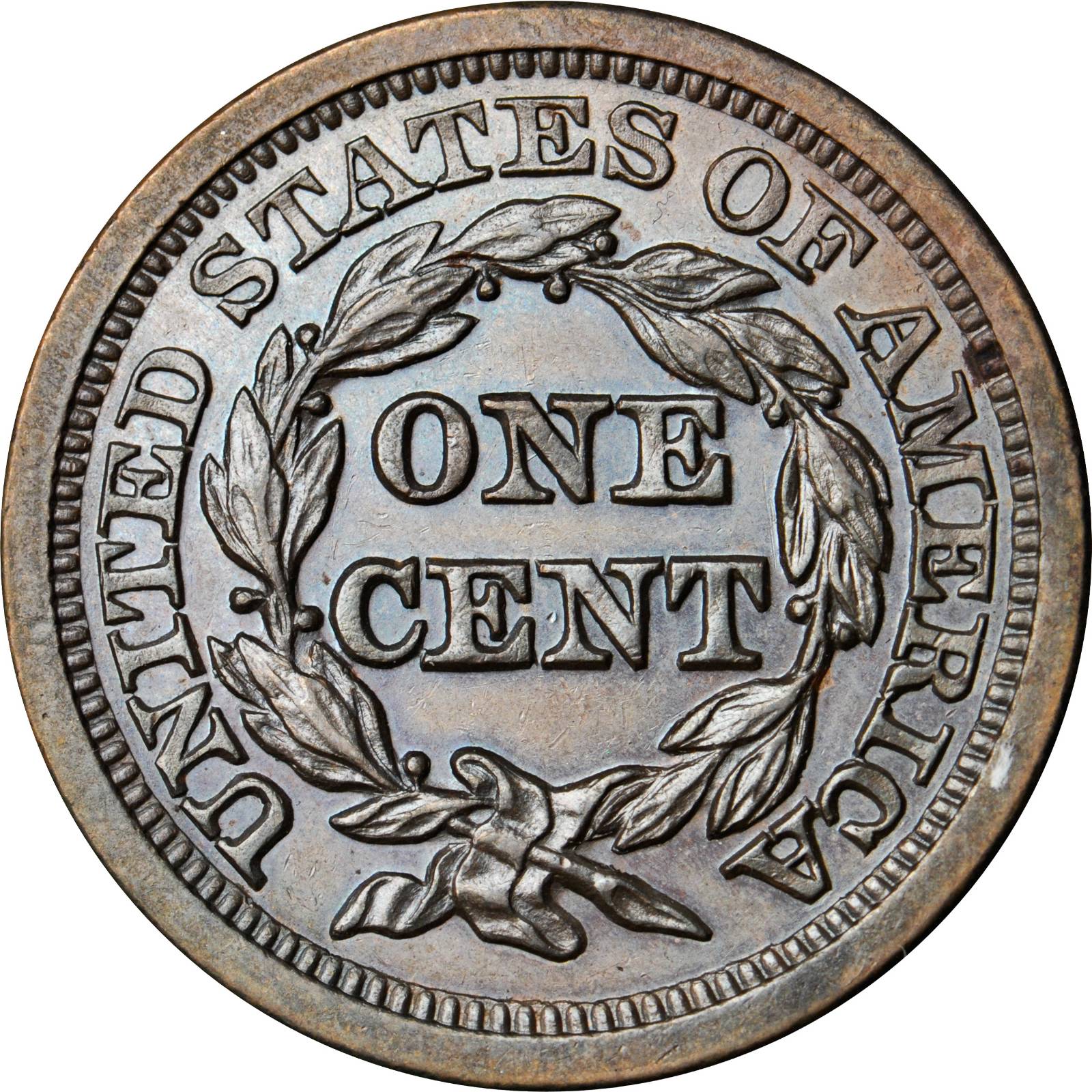 image for: 1855 Braided Hair Cent. N-11. Rarity-5. Slanting 5s. Proof-63 BN (PCGS).