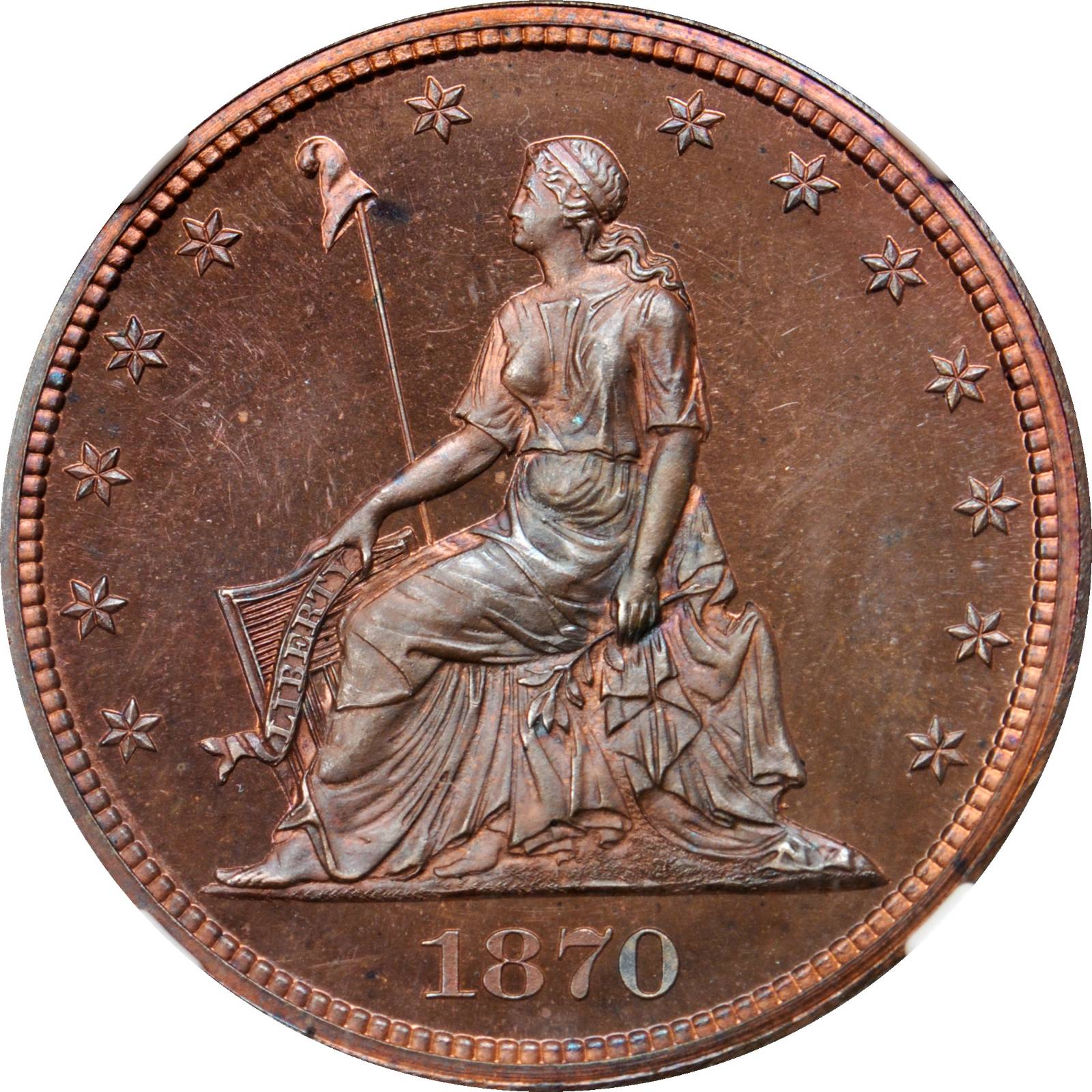 image for: 1870 Pattern Half Dollar. Judd-930, Pollock-1035. Rarity-7+. Copper. Reeded Edge. Proof-64 RB Cameo (NGC).