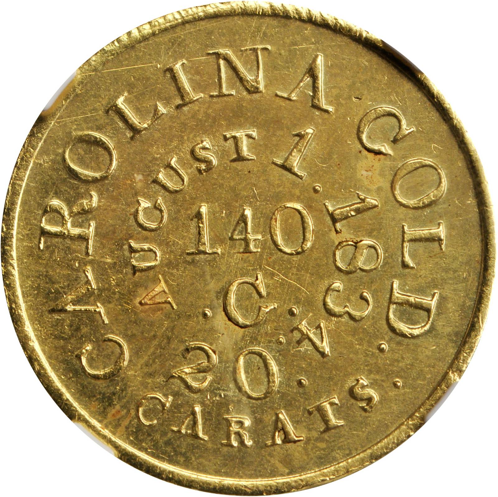 image for: Undated (1834-1837) Christopher Bechtler $5 Gold. K-17. Rarity-5. RUTHERFORD, 140.G., 20 CARATS, Plain Edge. MS-62 (NGC).