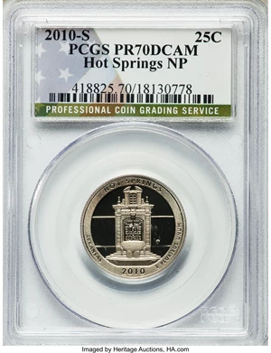 image for: 2010-S 25C Hot Springs PR 70 Deep Cameo PCGS, 2010-S 25C Yellowstone PR 70 Deep Cameo PCGS, 2010-S 25C ... (Total: 5 coins)