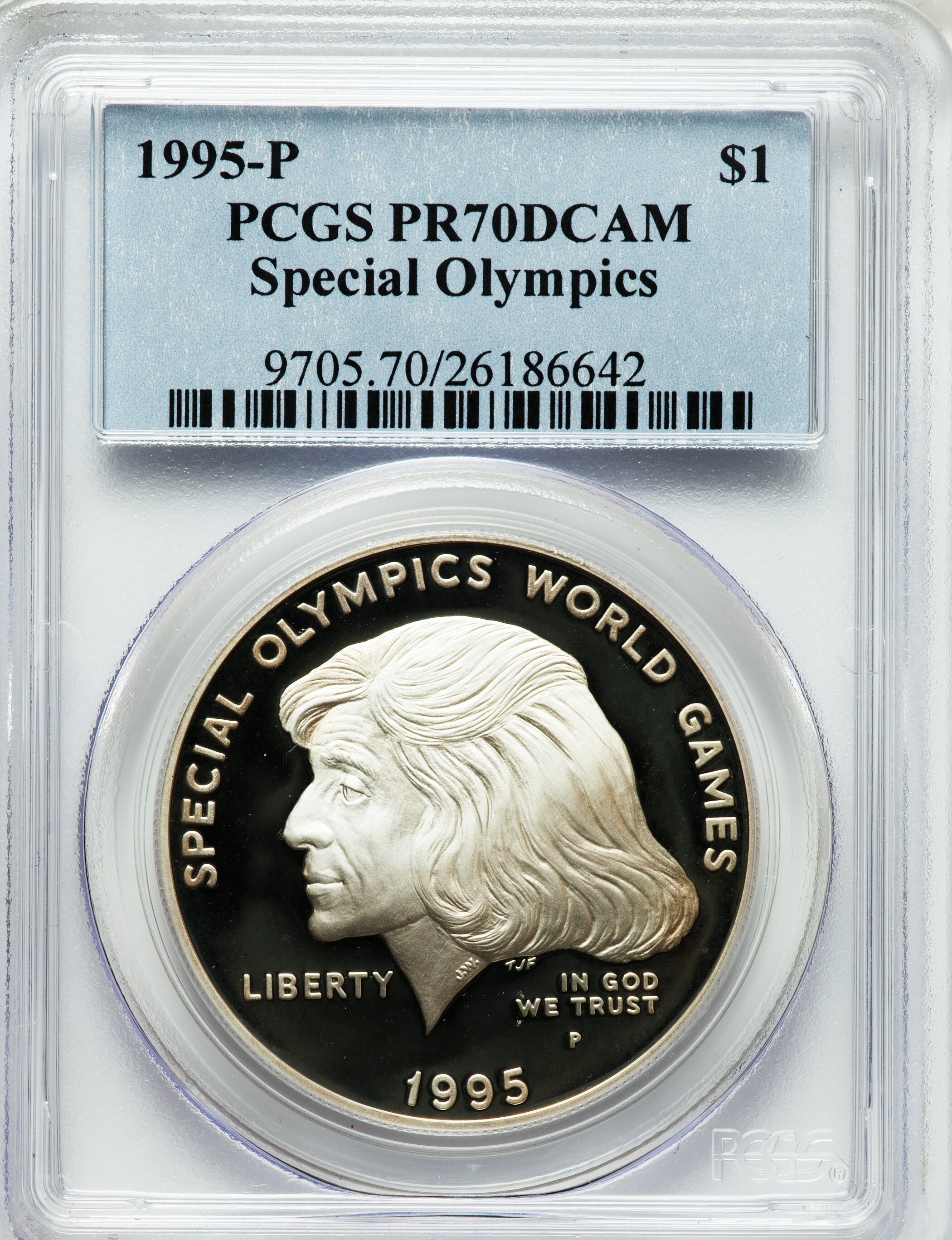 1995-P $1 Special Olympics Silver Dollar PR70 Deep Cameo PCGS. PCGS Population (52). NGC Census: (41). Numismedia Wsl. Pri...