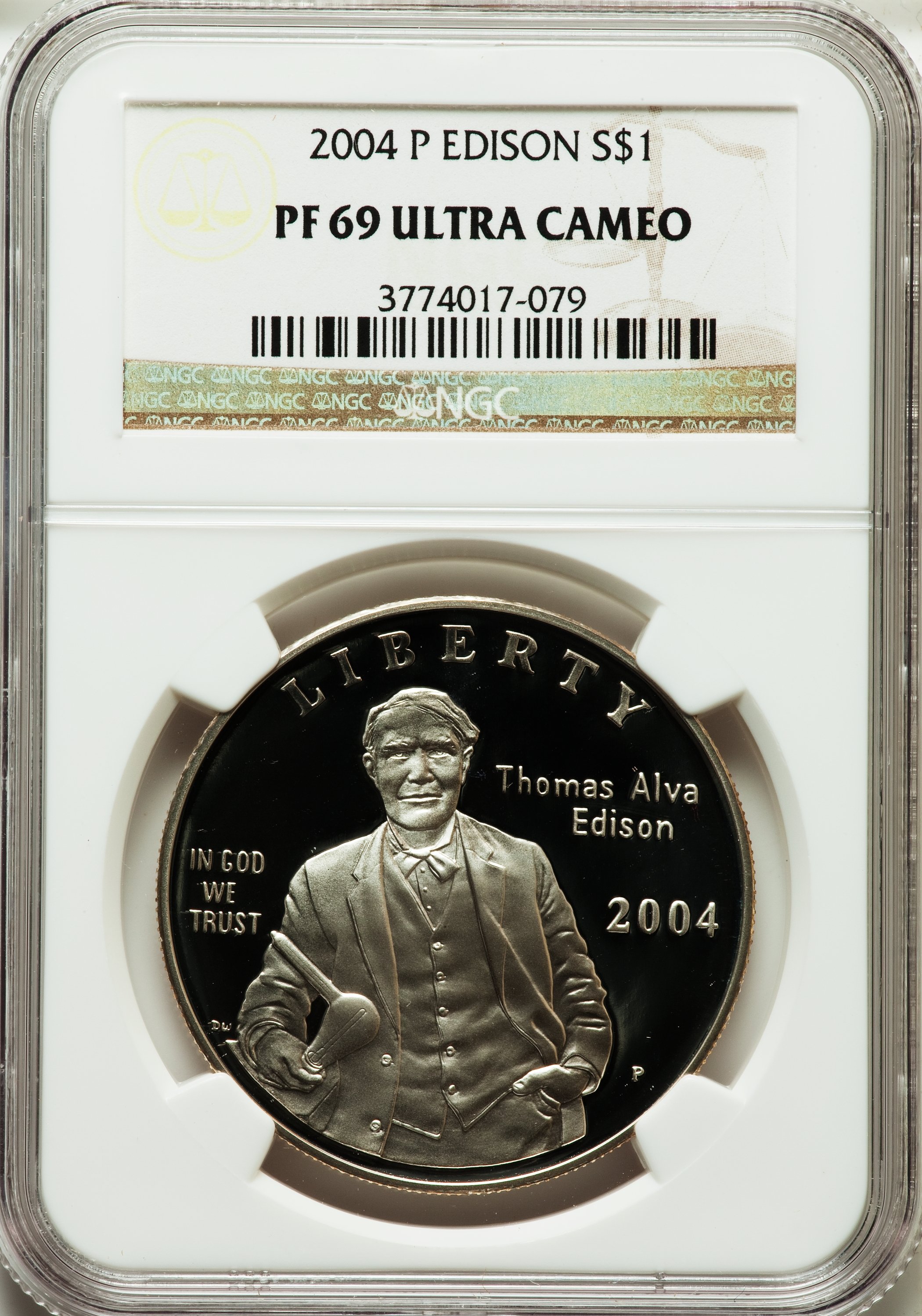 2004-P $1 Edison Silver Dollar PR69 Ultra Cameo NGC. NGC Census: (2851/336). PCGS Population (2036/98). Numismedia Wsl. Pr...