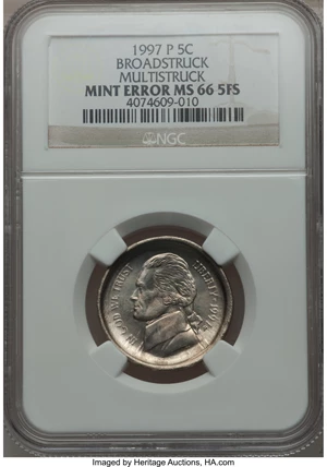 image for: 1997-P 5C Jefferson Nickel Broadstruck, Multistruck MS66 5 Full Steps NGC. NGC Census: (1/0). PCGS Population (52/13)....