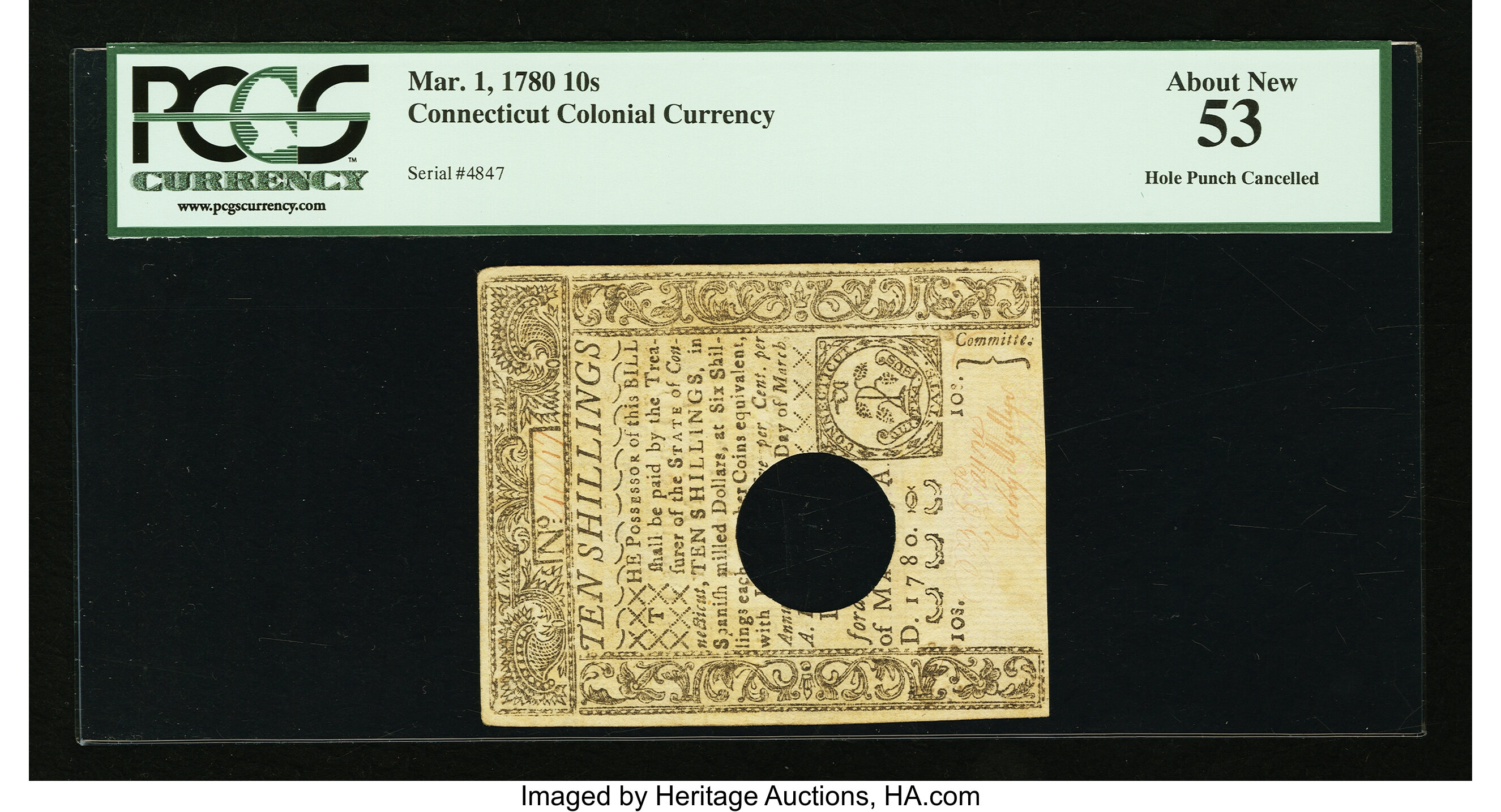 image for: Connecticut March 1, 1780 10s Hole Cancel PCGS About New 53....