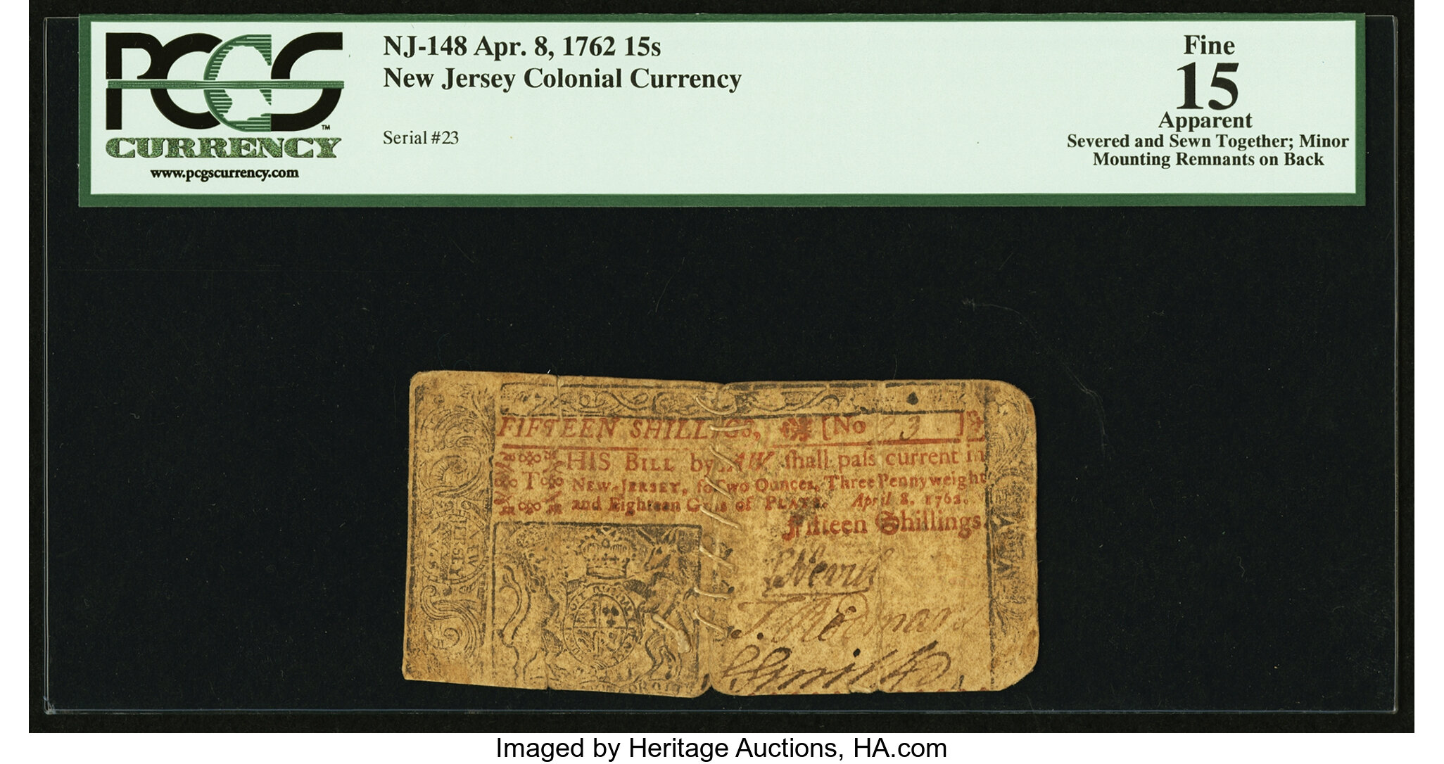 image for: Low Serial Number New Jersey April 8, 1762 15s PCGS Apparent Fine 15....