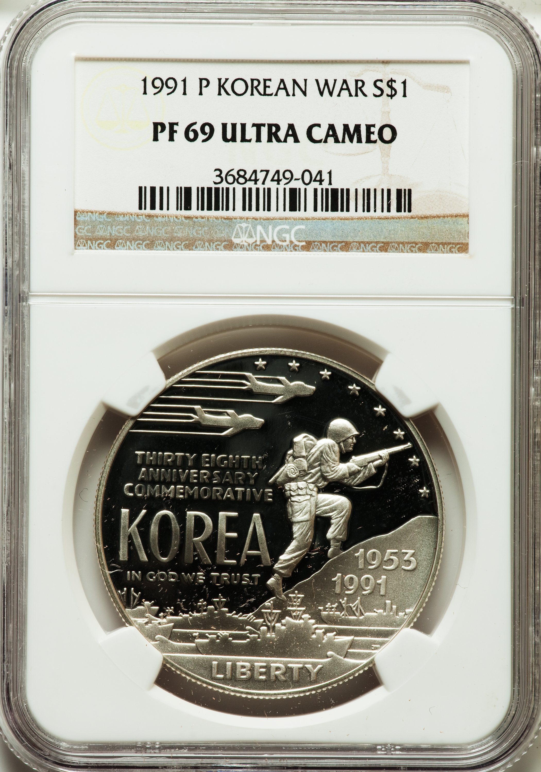 1991-P $1 Korean War Silver Dollar PR69 Ultra Cameo NGC. NGC Census: (2608/35). PCGS Population (2628/53). Mintage: 618,488...