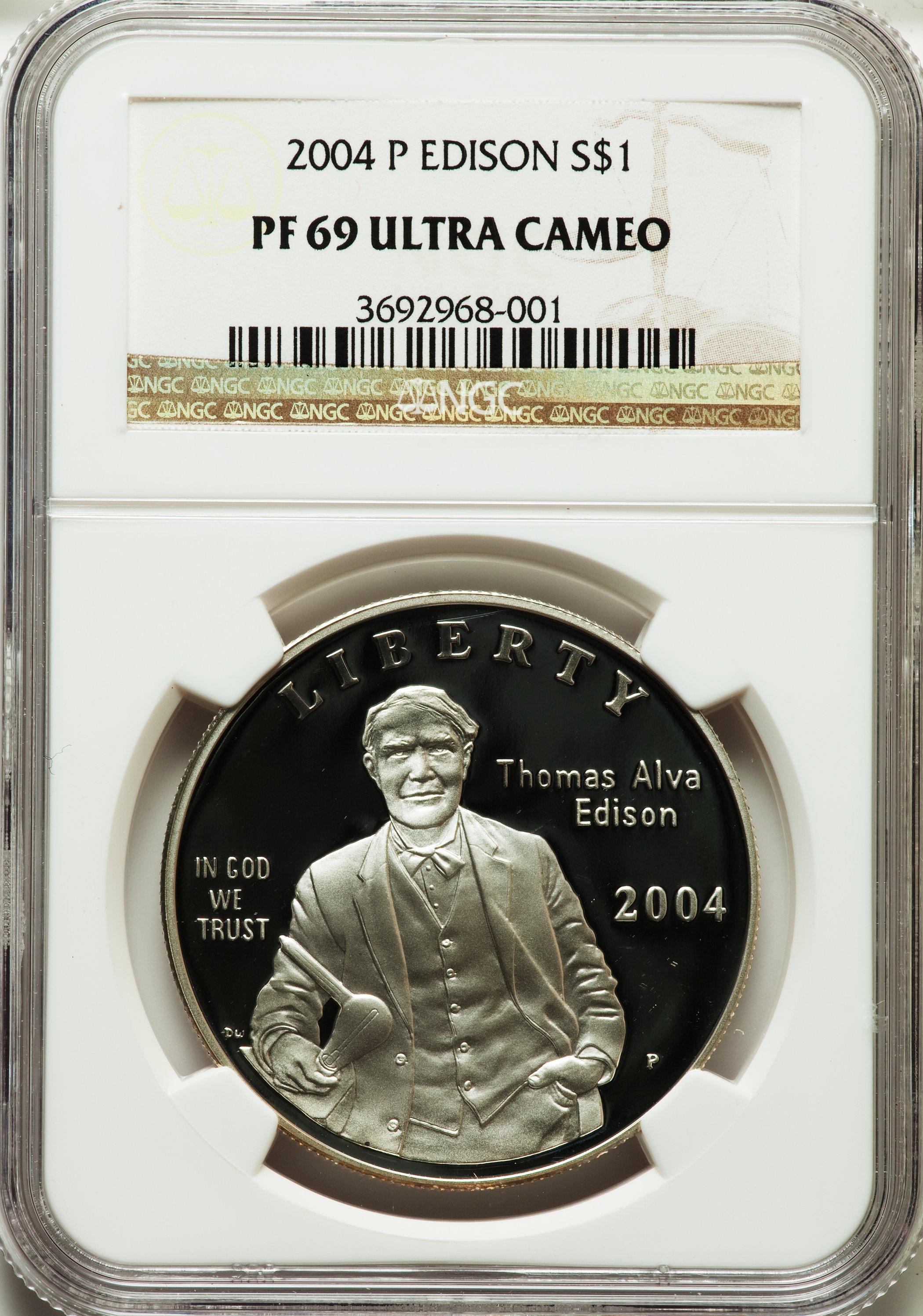 2004-P $1 Edison Silver Dollar PR69 Ultra Cameo NGC. NGC Census: (2851/336). PCGS Population (2036/98). Numismedia Wsl. Pr...