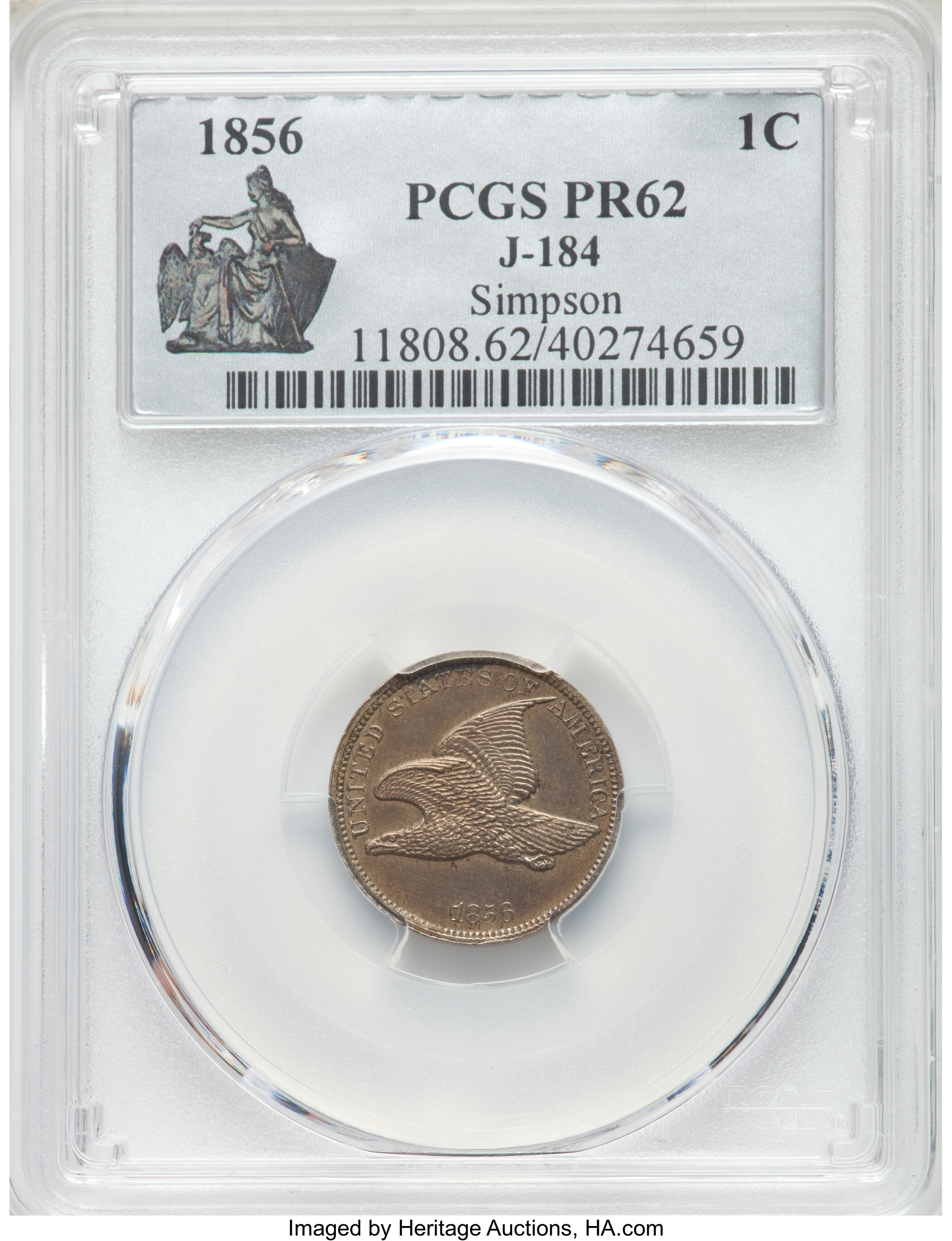 image for: 1856 P1C Flying Eagle Cent, Judd-184, Pollock-220, Snow-PT1, Low R.7 PR62 PCGS....