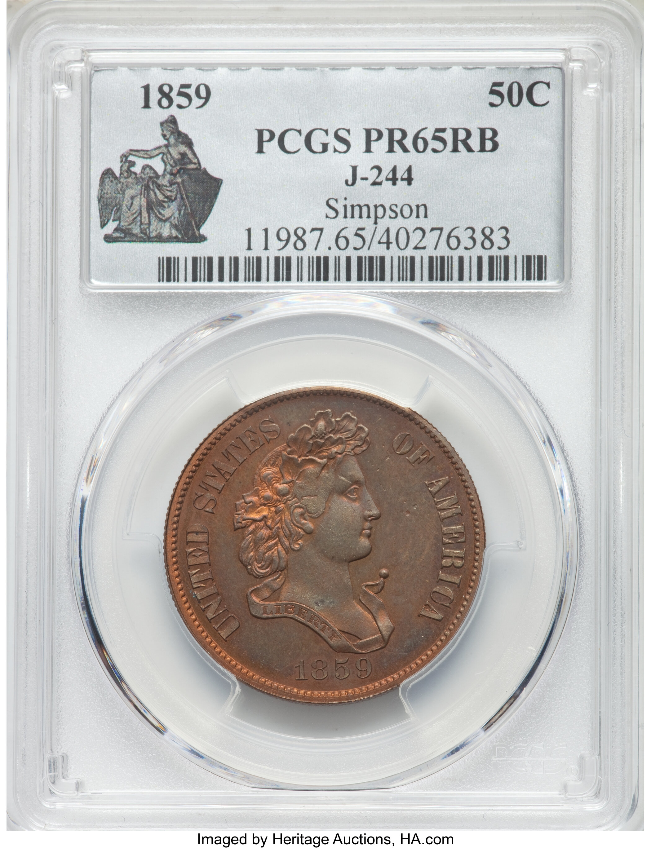 image for: 1859 P50C Half Dollar, Judd-244, Pollock-300, High R.7, PR65 Red and Brown PCGS....