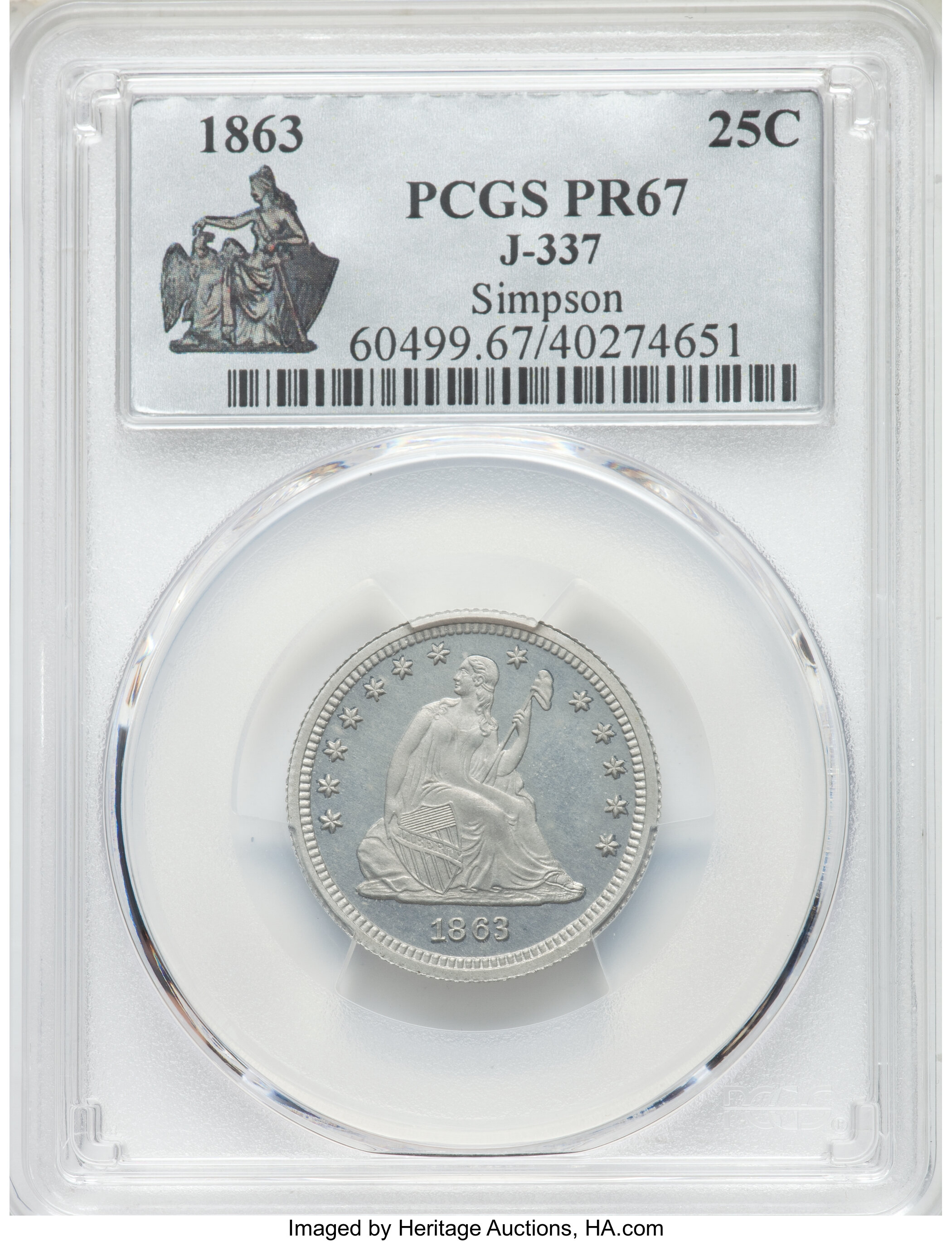 image for: 1863 25C Quarter Dollar, Judd-337, Pollock-409, High R.7, PR67 PCGS....