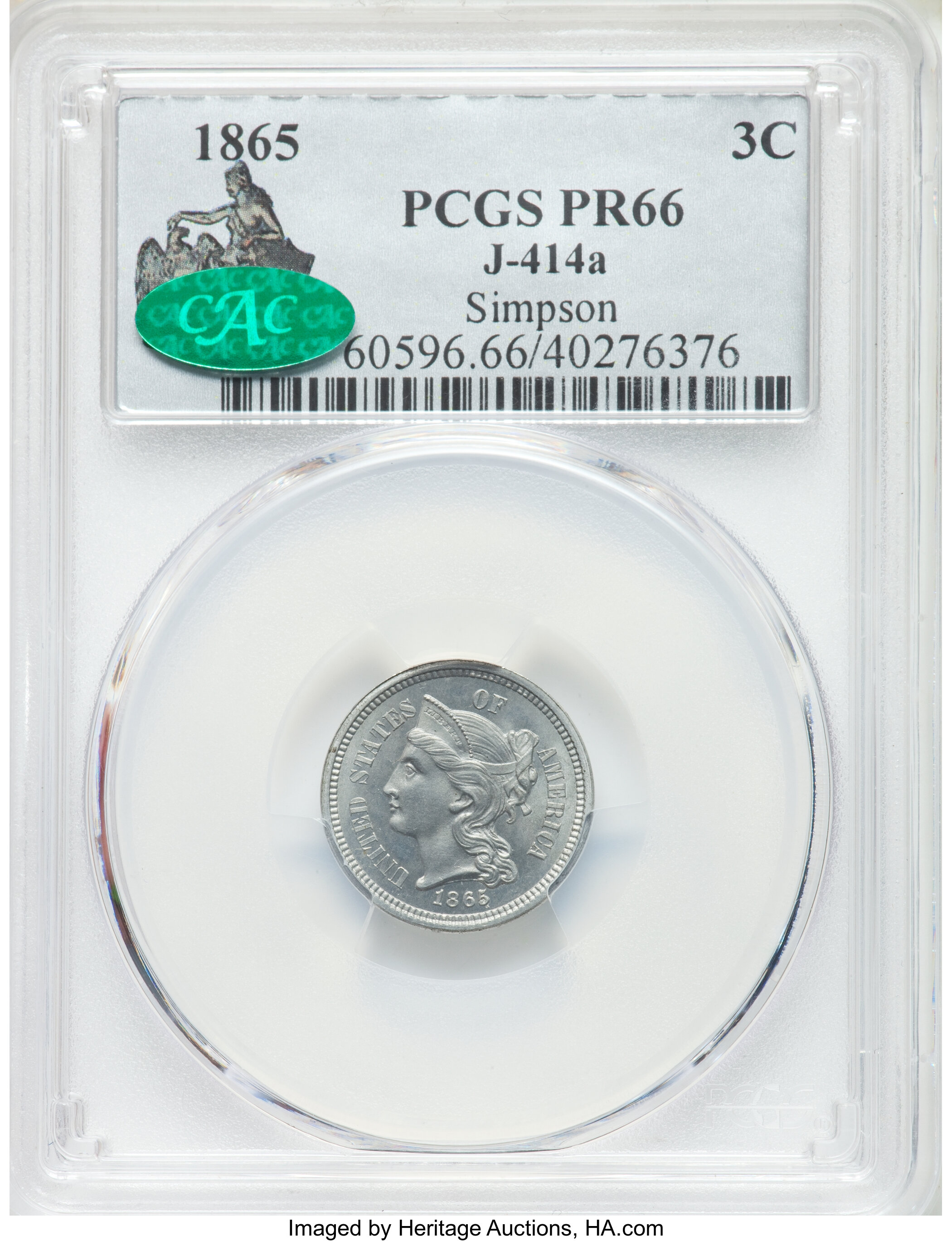 image for: 1865 3C Three Cent Nickel, Judd-414A, Pollock-486, R.8, PR66 PCGS. CAC....
