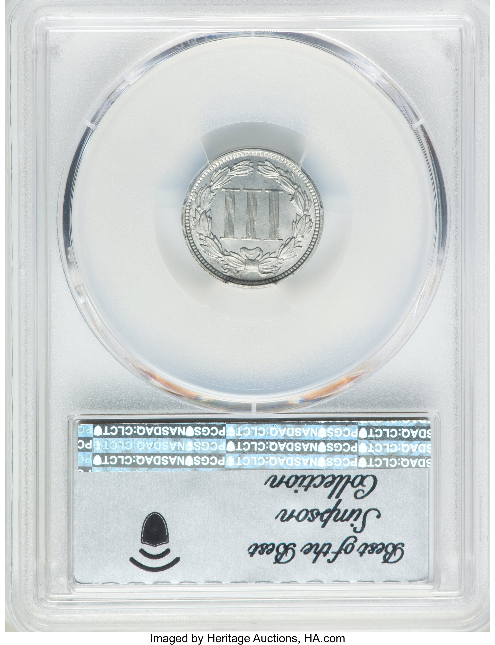 image for: 1865 3C Three Cent Nickel, Judd-414A, Pollock-486, R.8, PR66 PCGS. CAC....